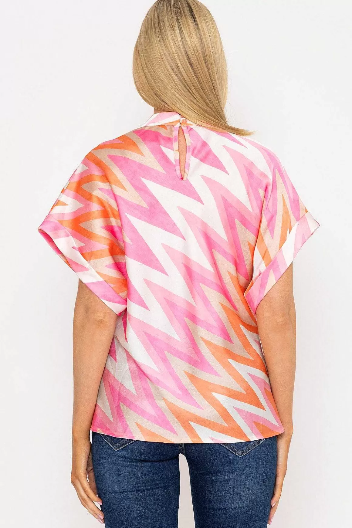 Pala D'oro High Neck Sateen Top In Pink And Orange Print Outlet