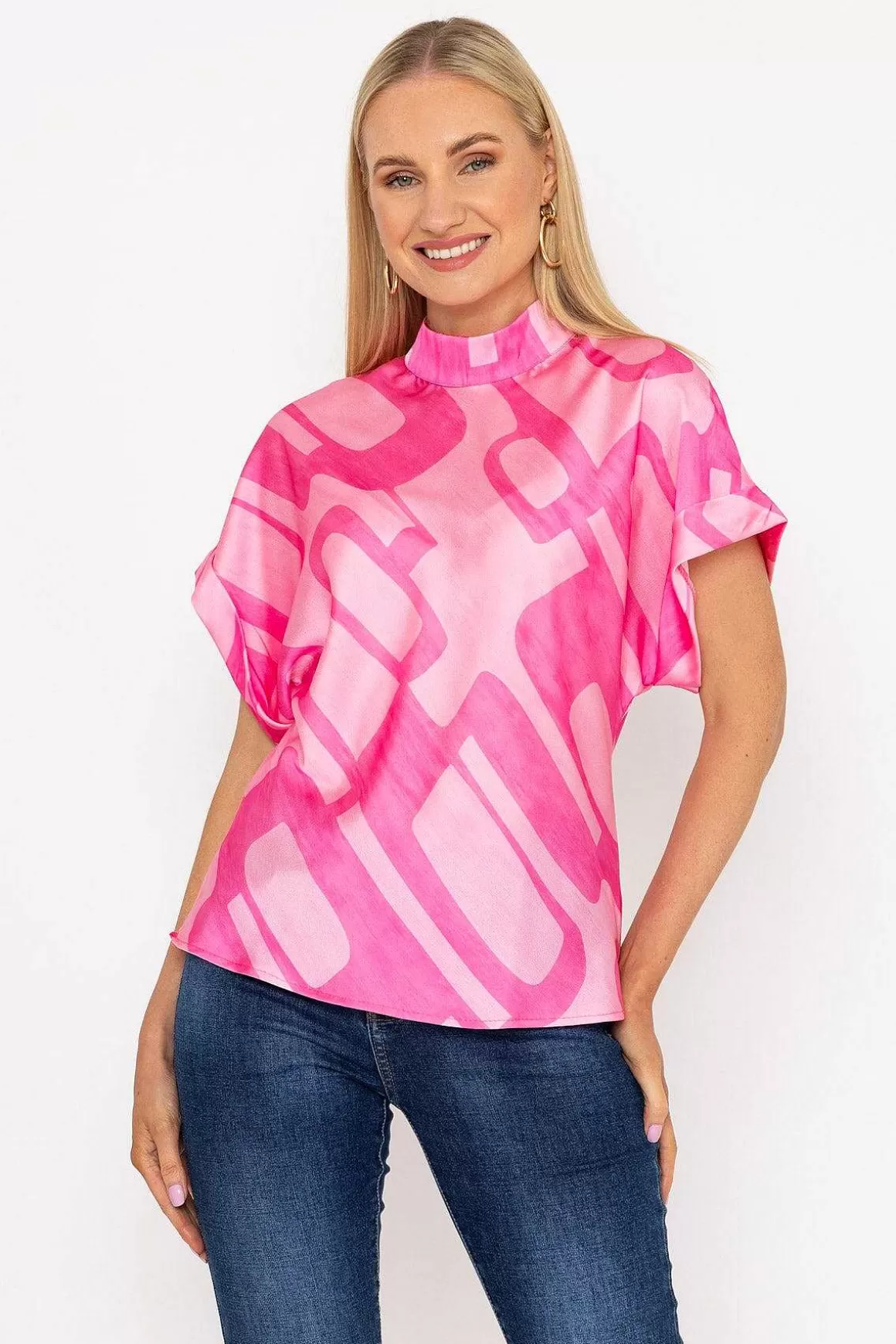 Pala D'oro High Neck Sateen Top In Pink Print Hot