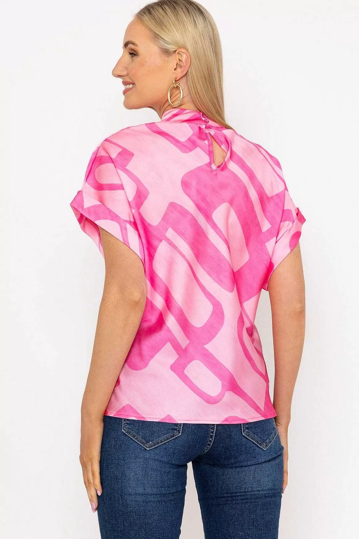 Pala D'oro High Neck Sateen Top In Pink Print Hot