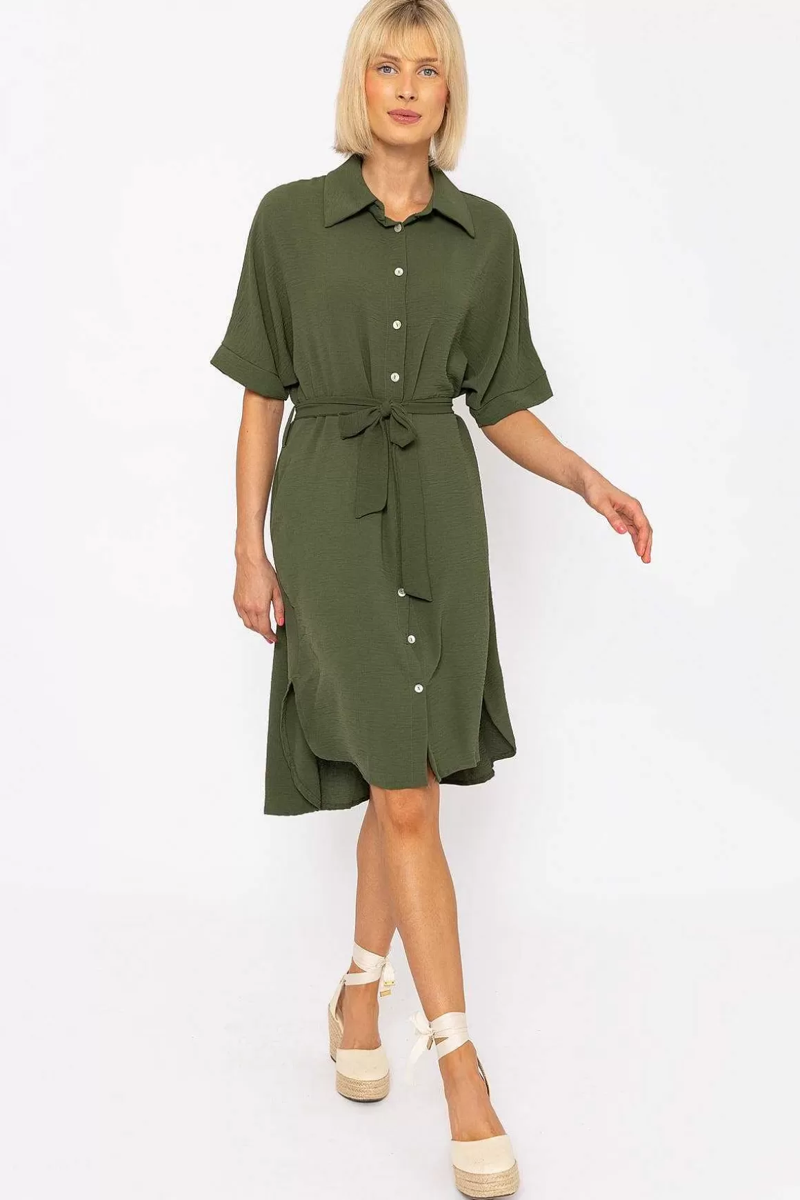 Rowen Avenue Khaki Green Belted Shirt Dress Shop