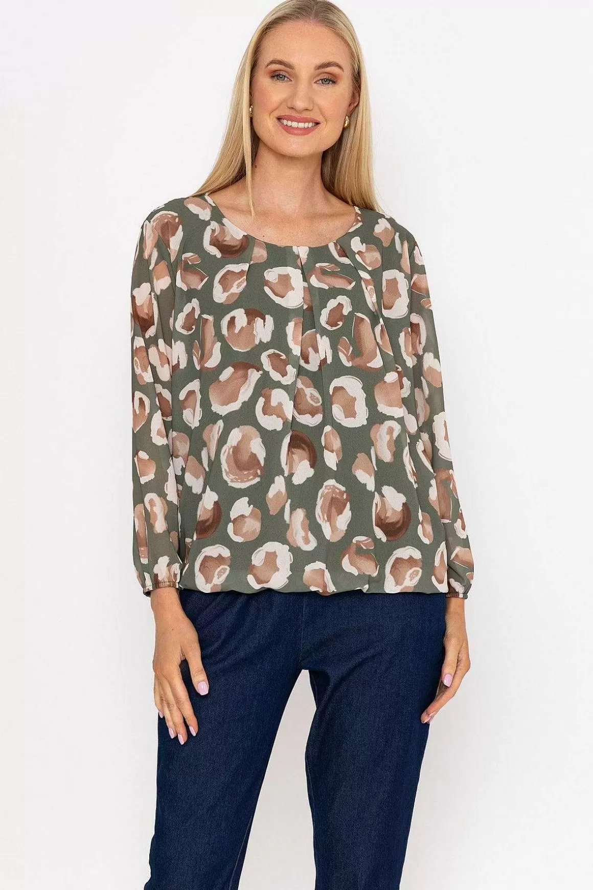 Pala D'oro Khaki Printed Long Sleeve Blouse Discount