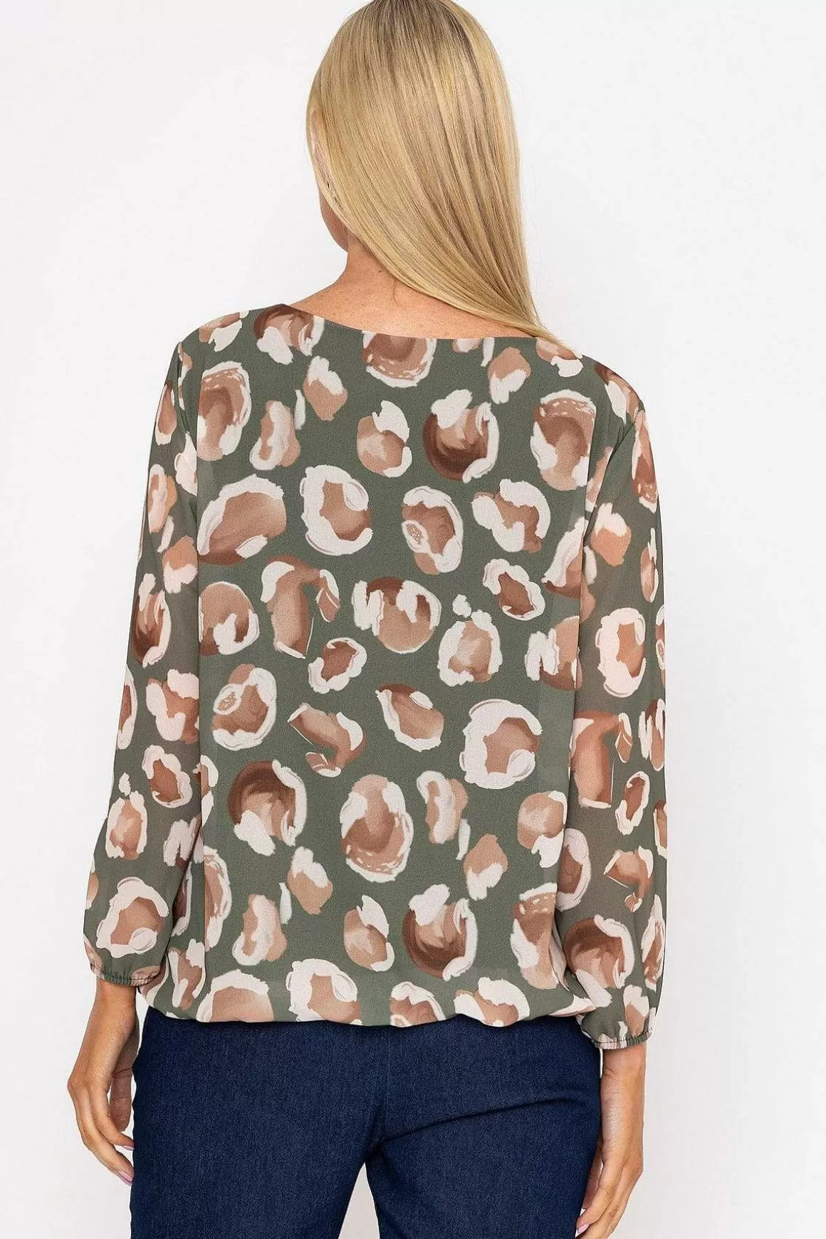 Pala D'oro Khaki Printed Long Sleeve Blouse Discount