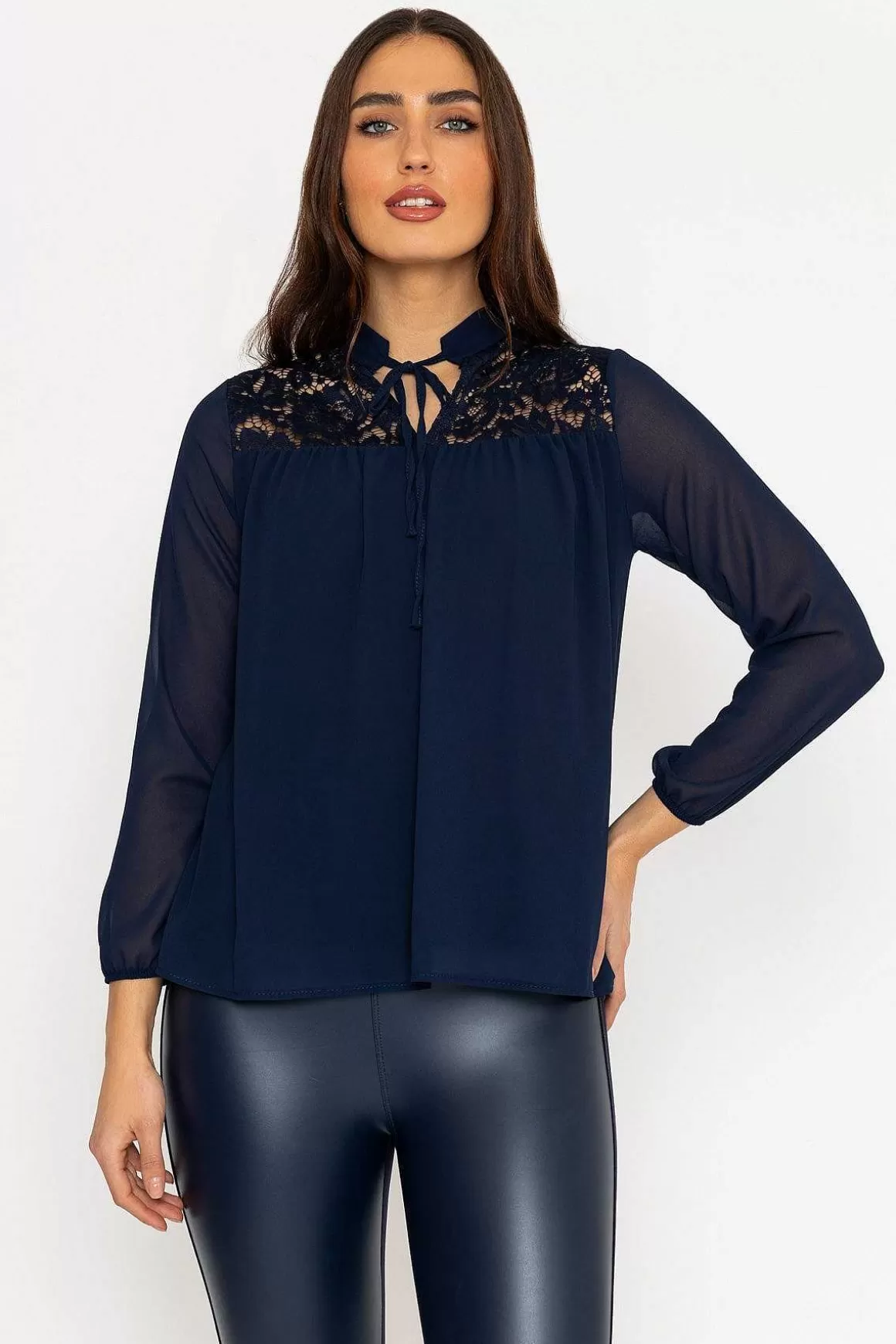 Pala D'oro Lace Insert Blouse In Navy Best Sale