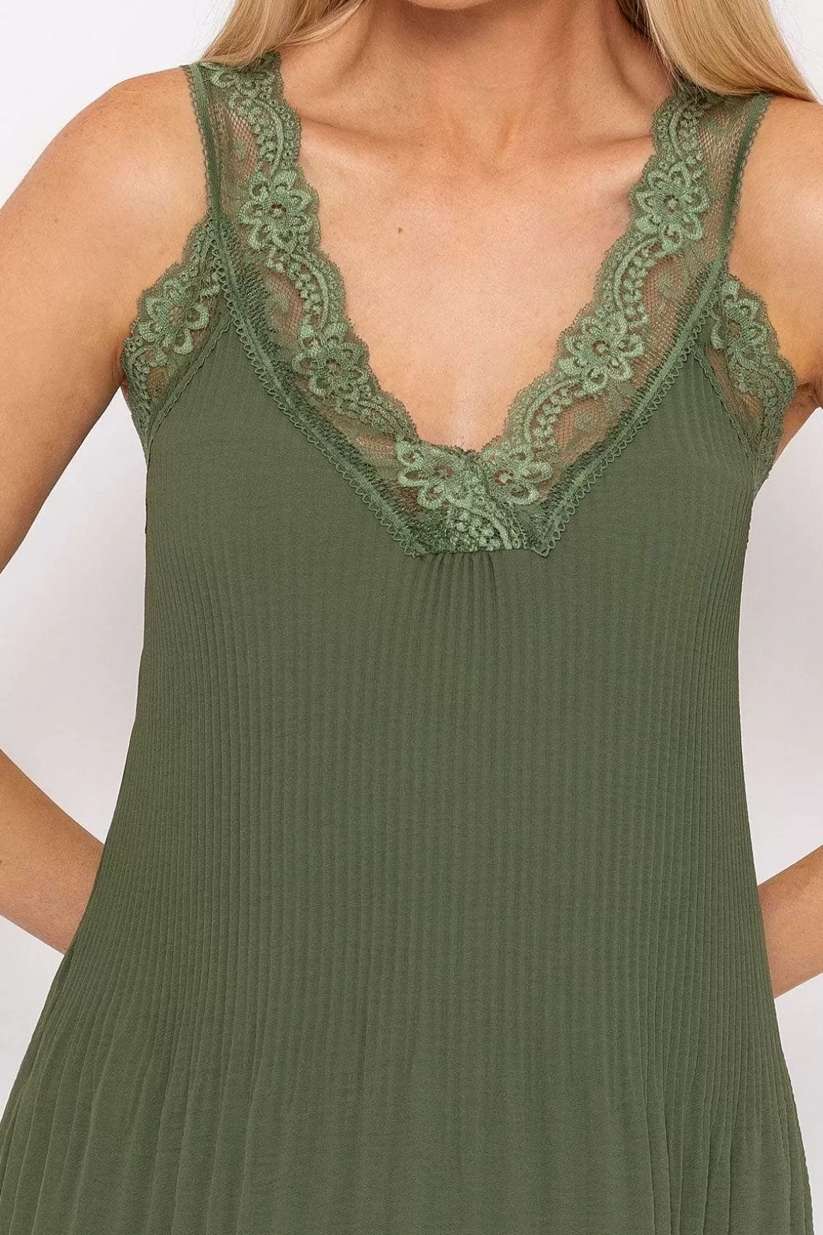 Pala D'oro Lace Trim Pleated Cami In Khaki Shop