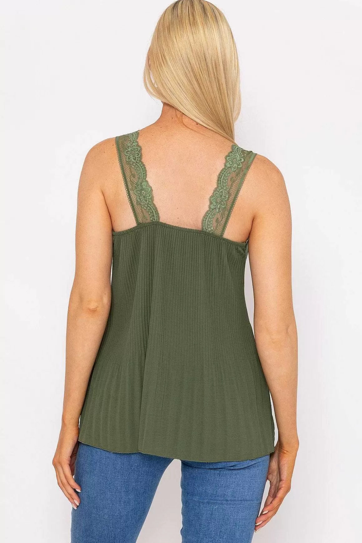 Pala D'oro Lace Trim Pleated Cami In Khaki Shop