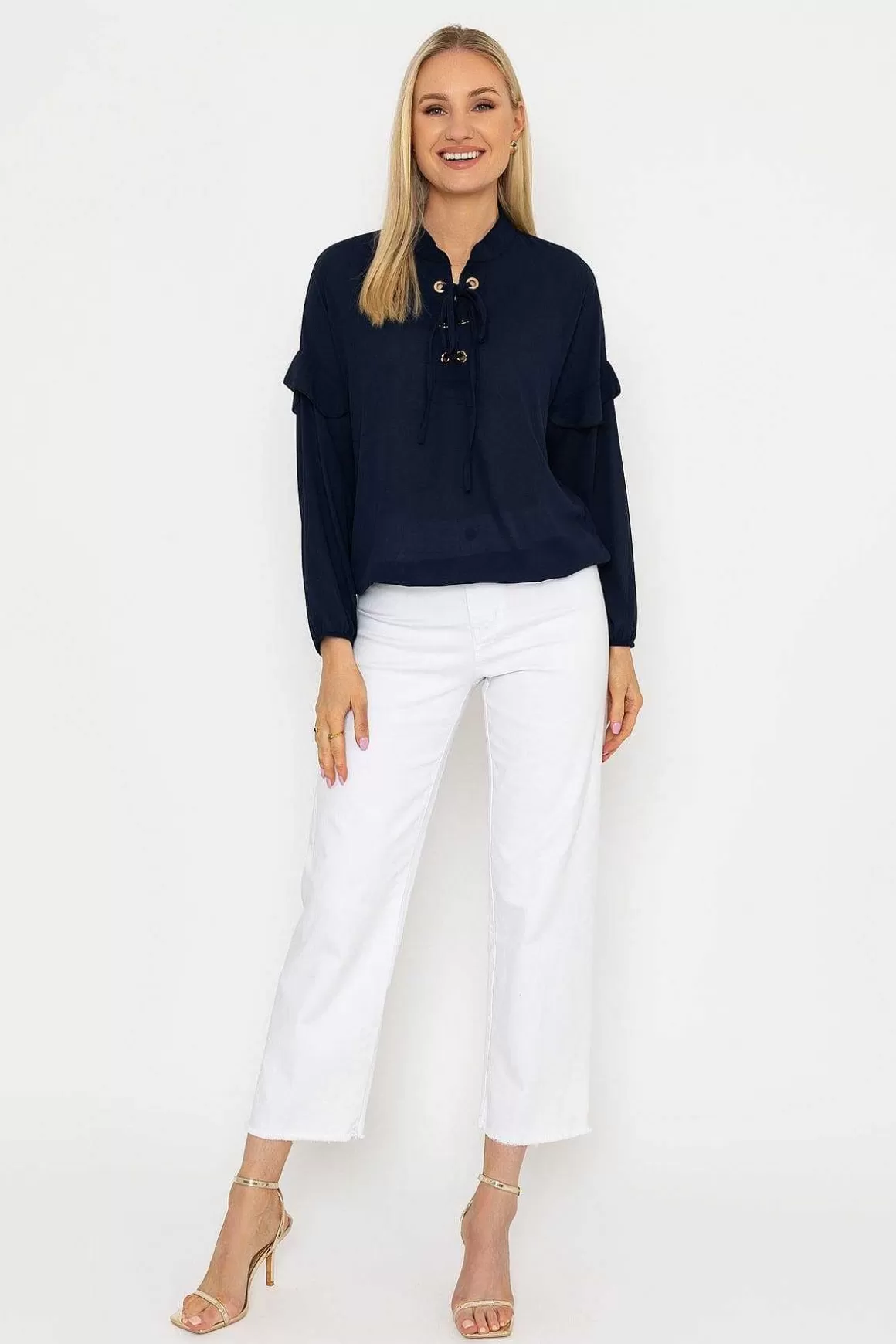 Pala D'oro Lace Up Blouse In Navy Hot