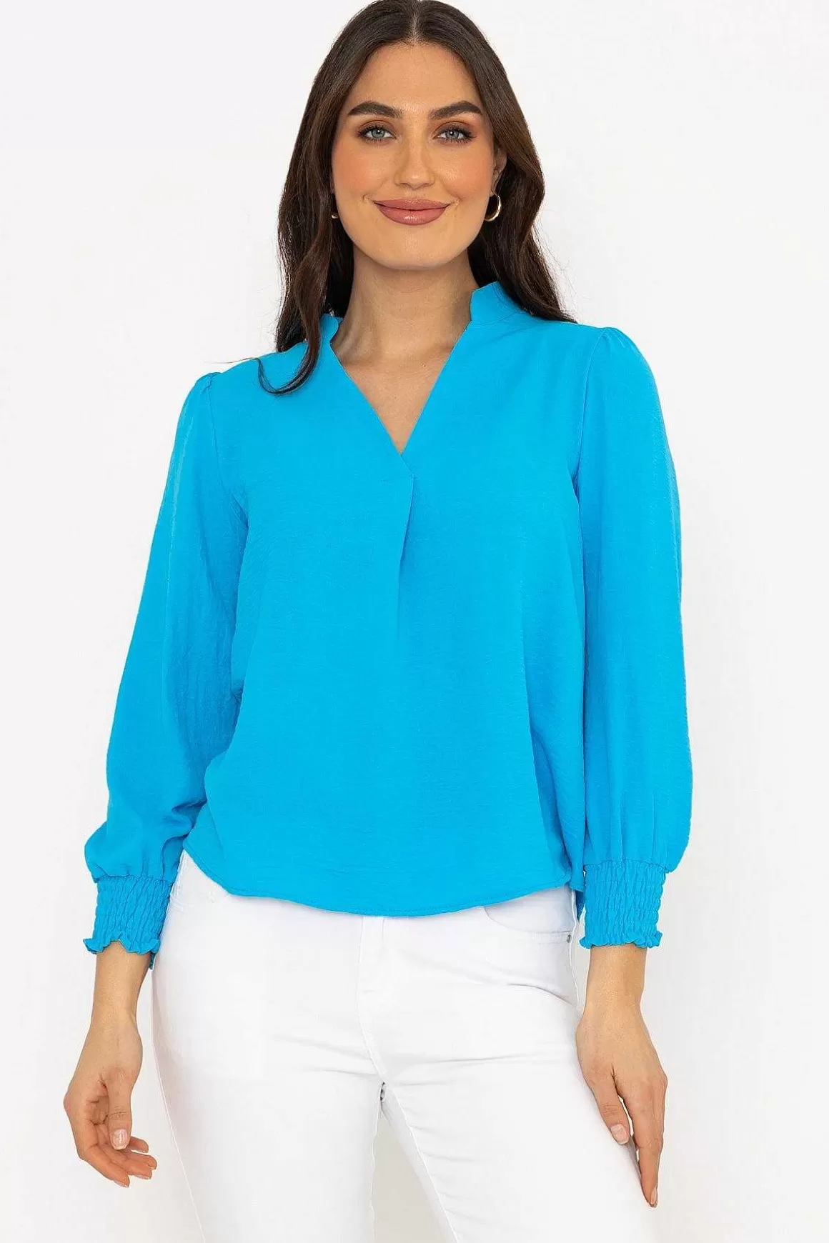 Pala D'oro Long Sleeve Collarless Top In Blue Hot