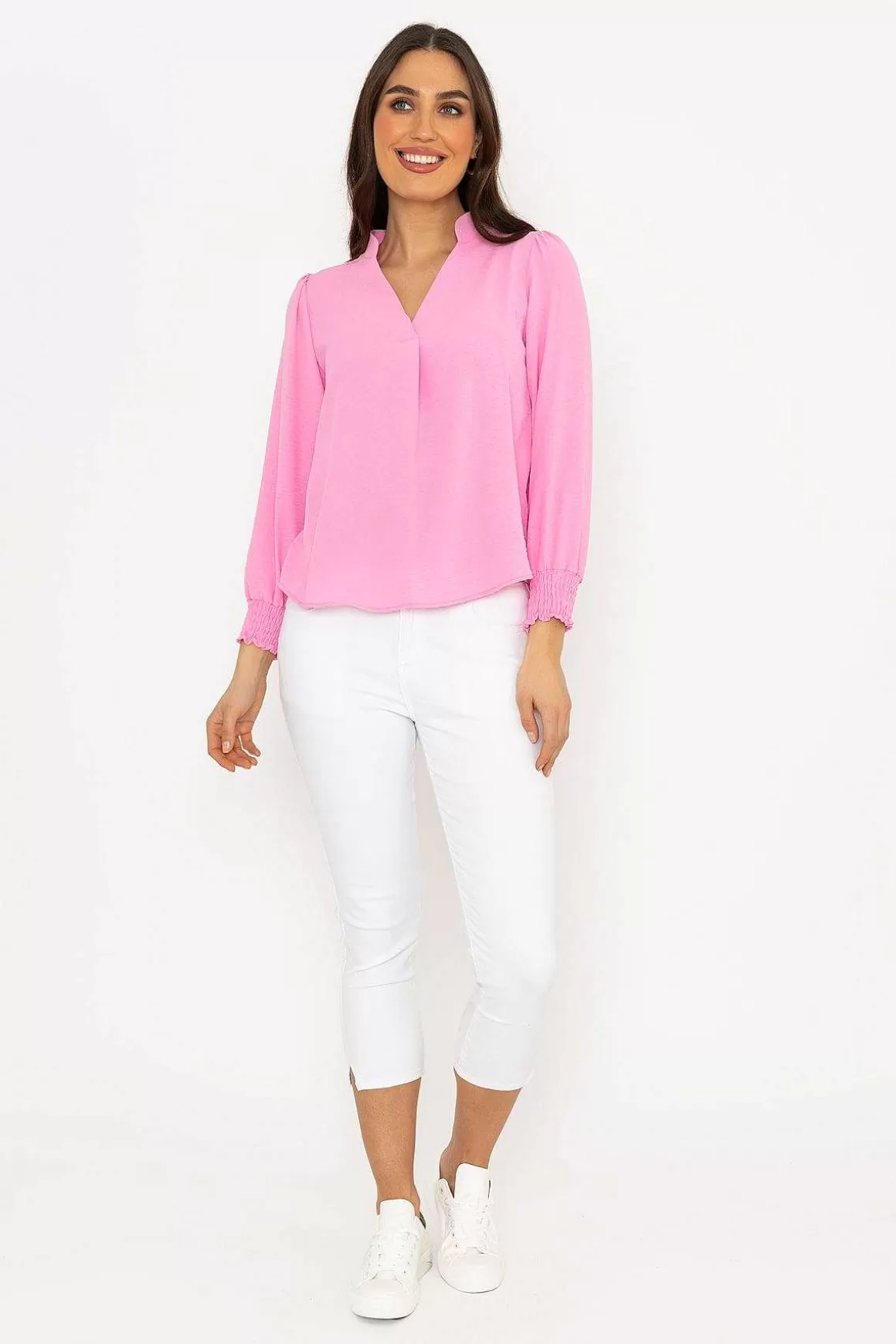 Pala D'oro Long Sleeve Collarless Top In Pink Shop