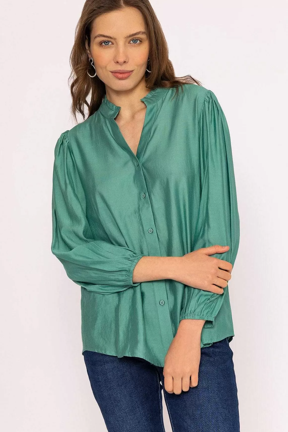 Rowen Avenue Long Sleeve Spring Blouse In Green Flash Sale