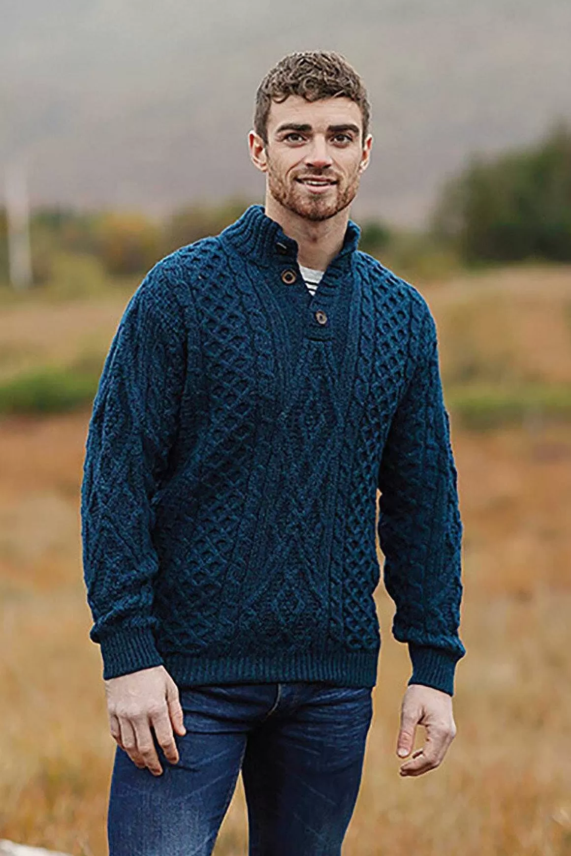 Aran Woollen Mills Mens Diamond Knit Troyer In Atlantic Blue Online