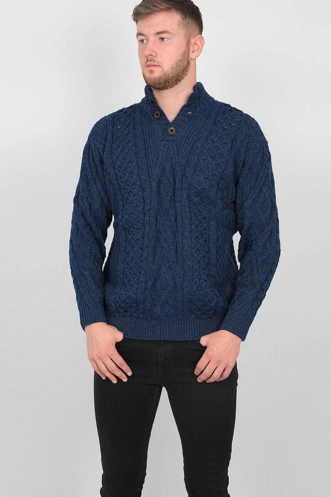 Aran Woollen Mills Mens Diamond Knit Troyer In Atlantic Blue Online