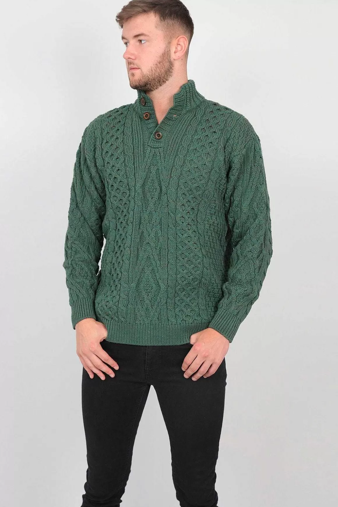 Aran Woollen Mills Mens Diamond Knit Troyer In Connemara Green Outlet