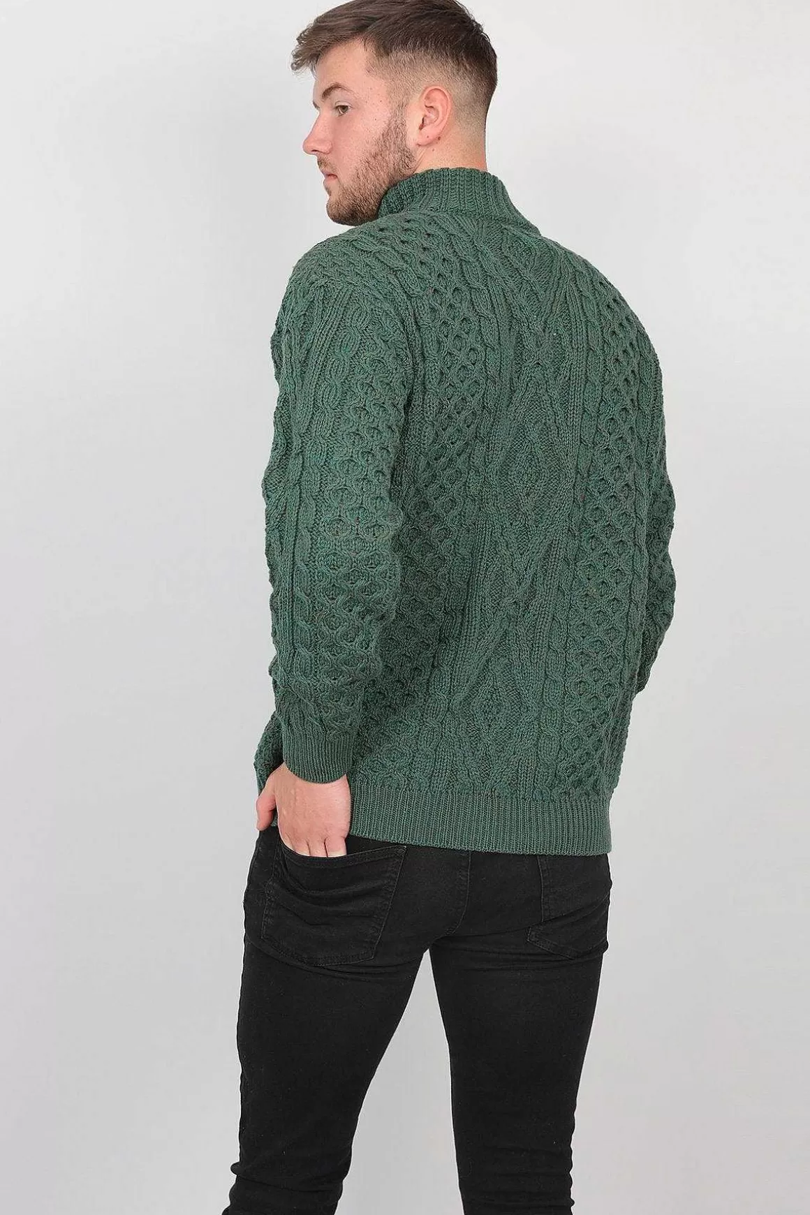 Aran Woollen Mills Mens Diamond Knit Troyer In Connemara Green Outlet