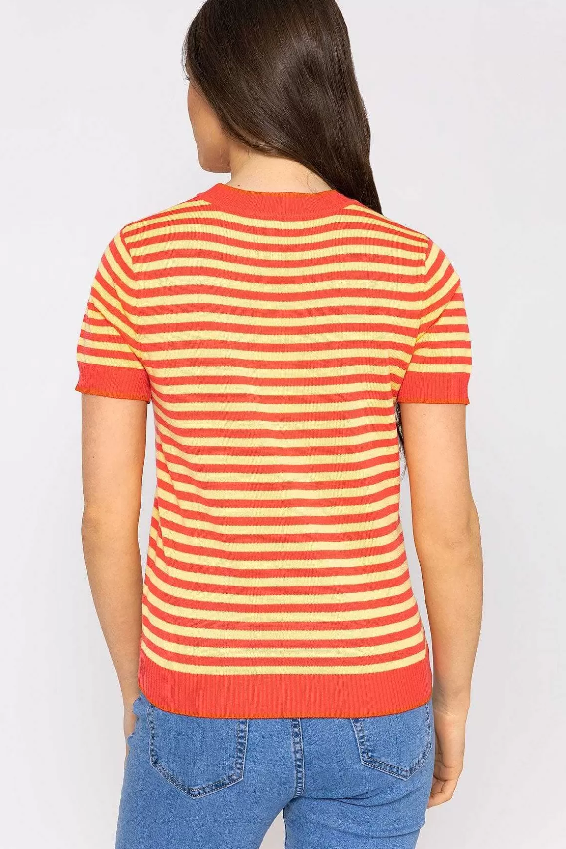 Kelly & Grace Weekend Merino Stripe Crew In Coral Sale