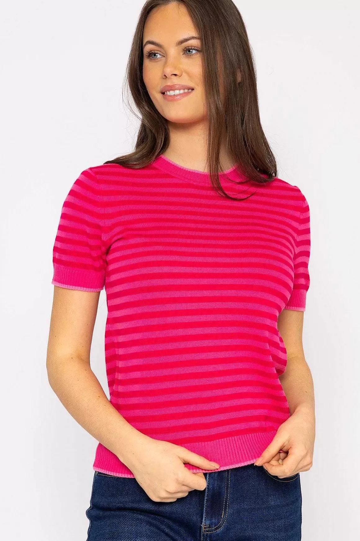 Kelly & Grace Weekend Merino Stripe Crew In Pink Flash Sale