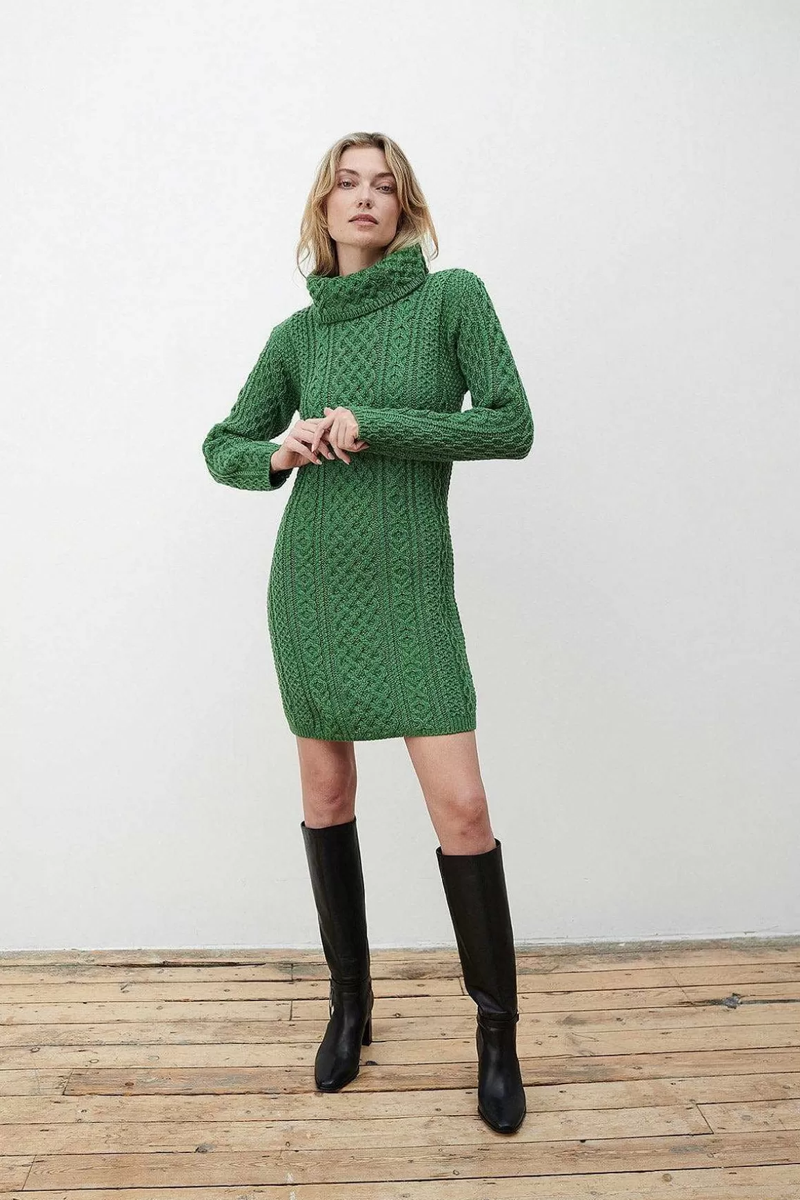 Aran Woollen Mills Merino Wool Knitted Roll Neck Tunic In Green Discount