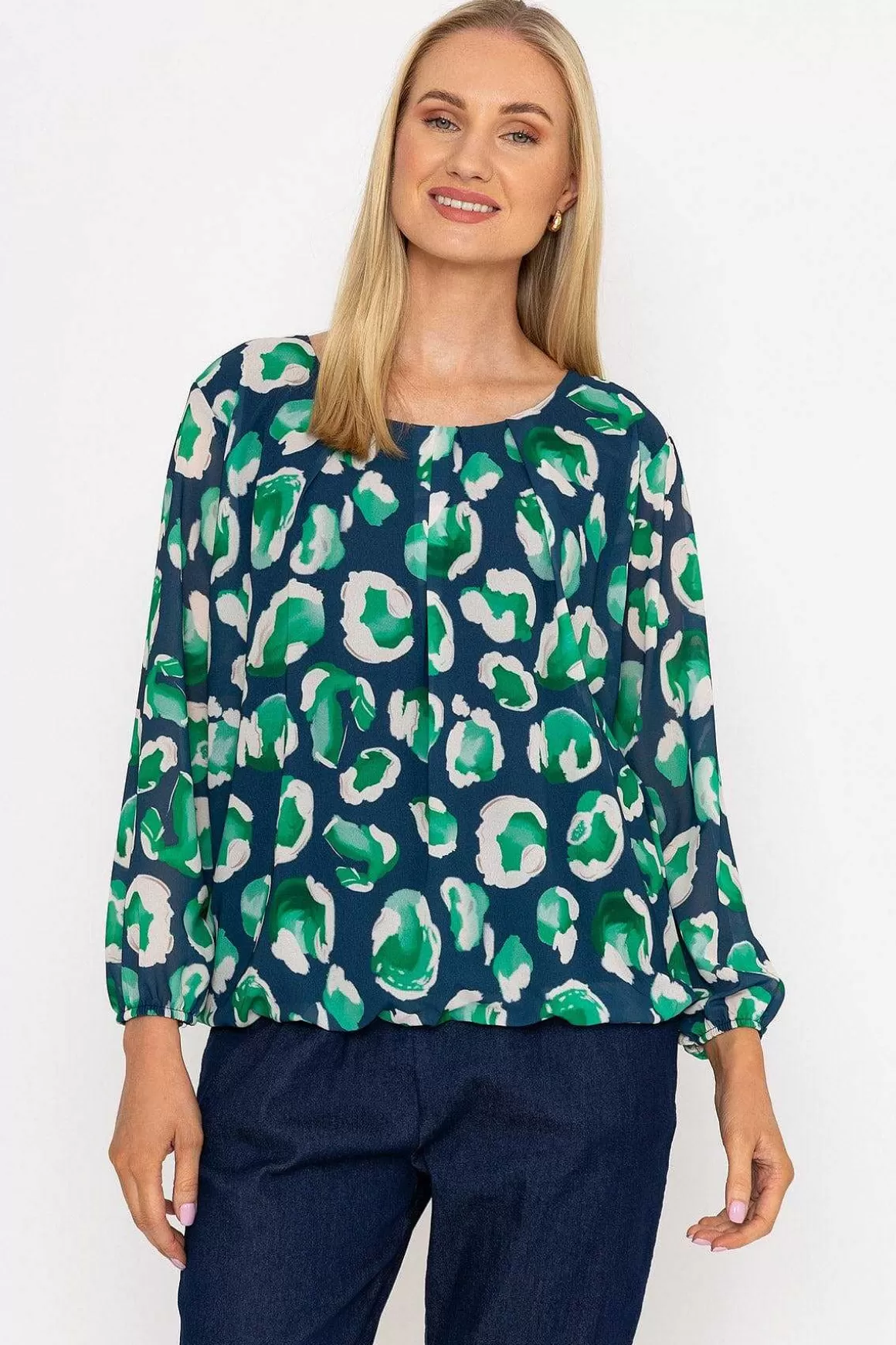 Pala D'oro Navy And Green Printed Long Sleeve Blouse Clearance