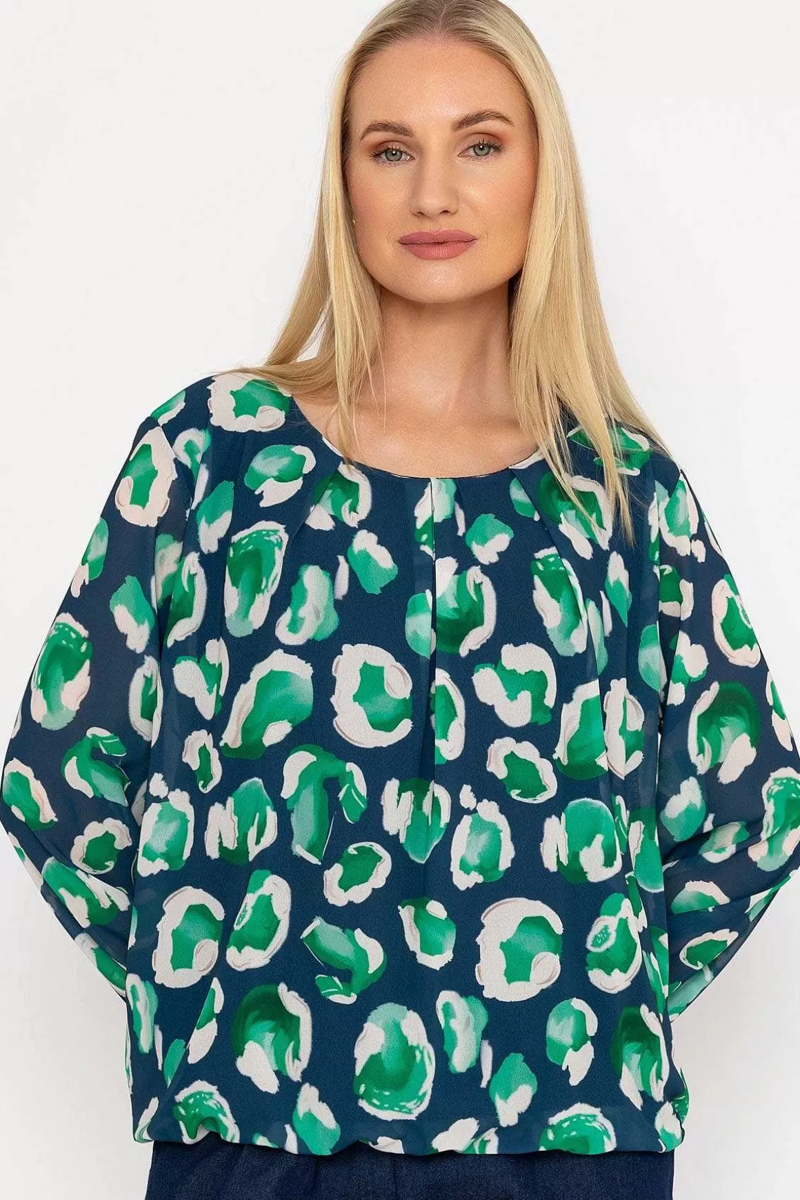 Pala D'oro Navy And Green Printed Long Sleeve Blouse Clearance