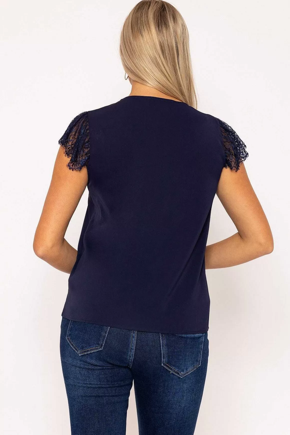 Rowen Avenue Navy Cap Sleeve Lace Top Store