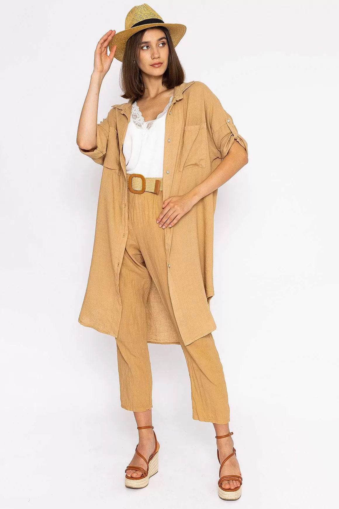 Pala D'oro Oversized Linen Shirt In Camel Online