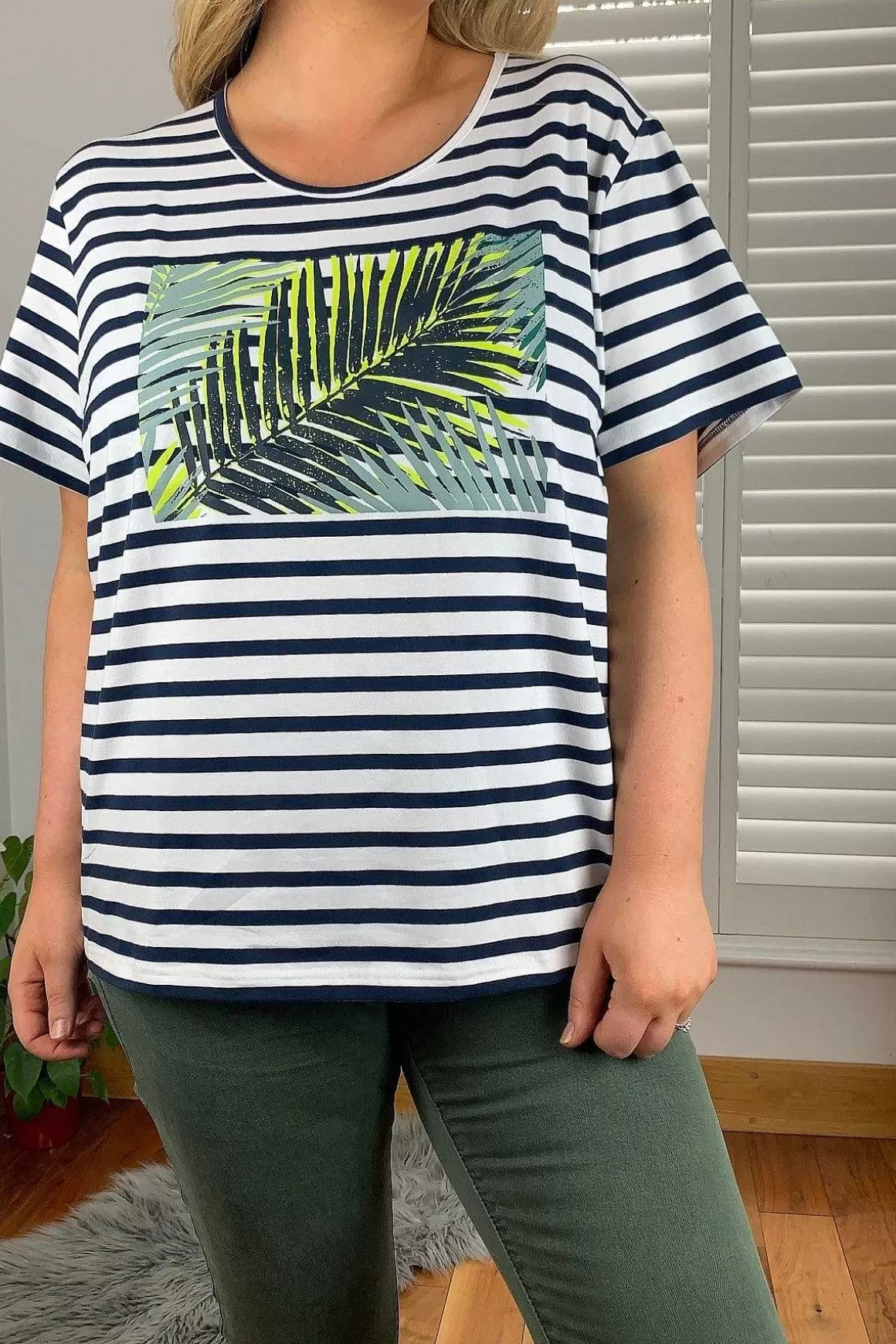 Ulla Popken Palm Print Relaxed Fit Striped Short Sleeve Tee Cheap