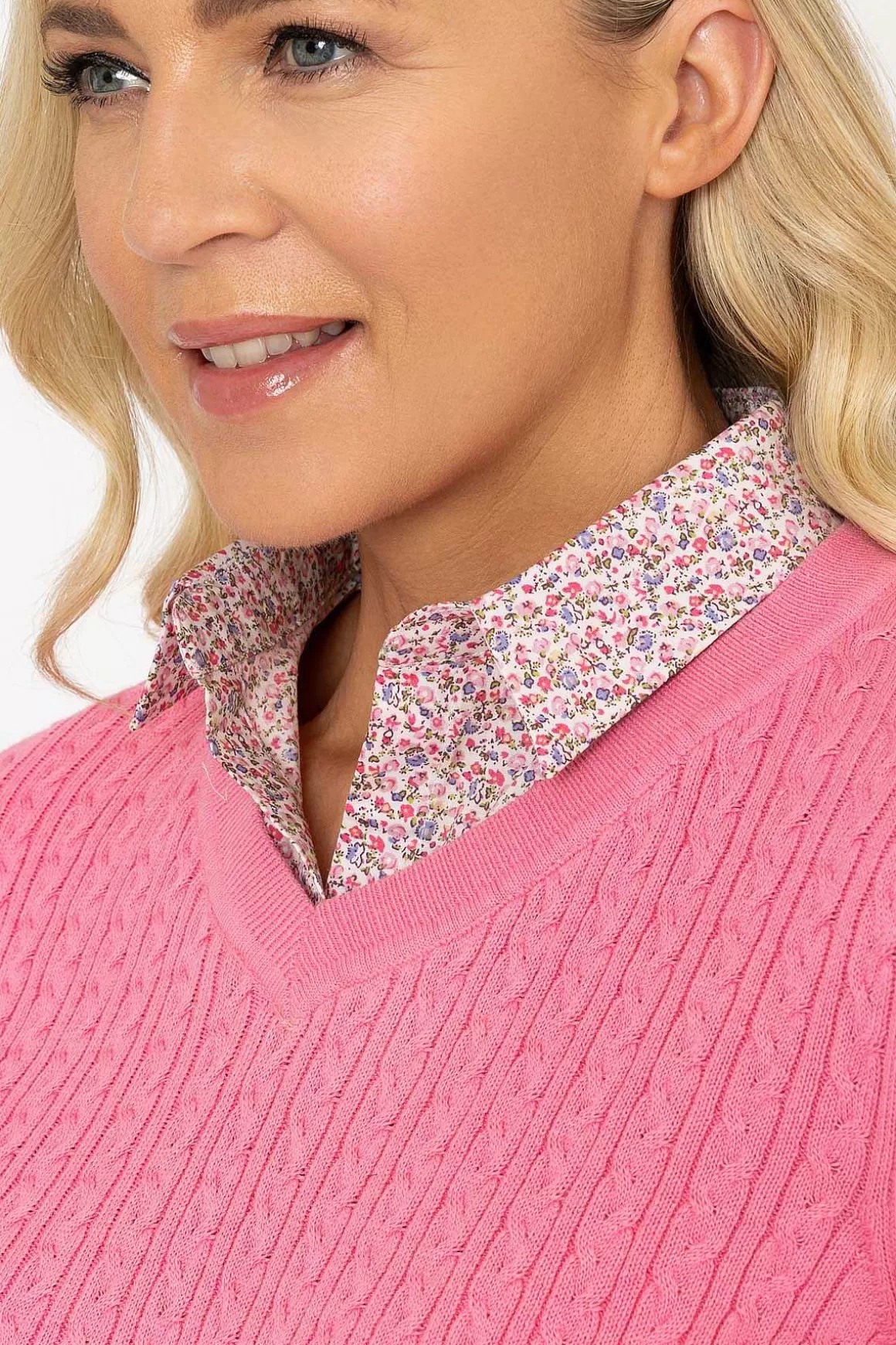 Voulez Vous Pink Cable Knit Sweater With Shirt Collar Best Sale