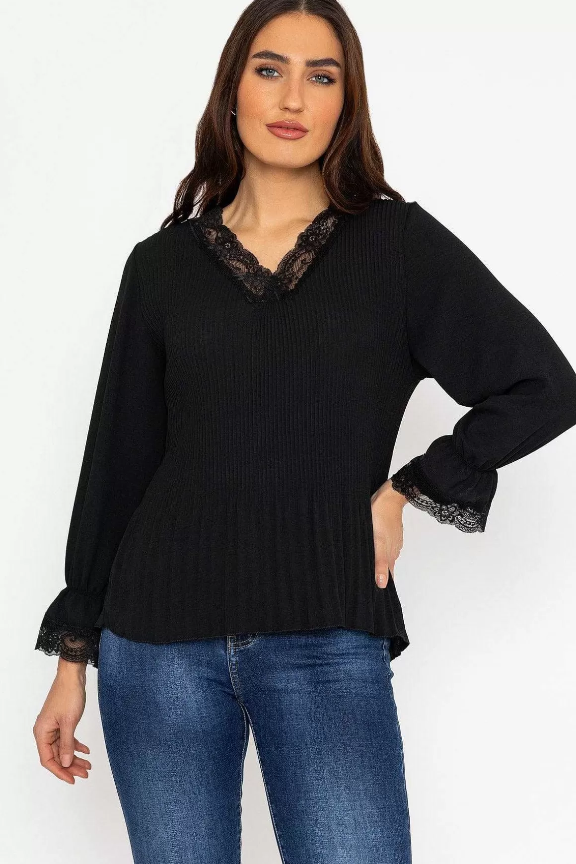 Pala D'oro Pleated Lace Trim Top In Black Store