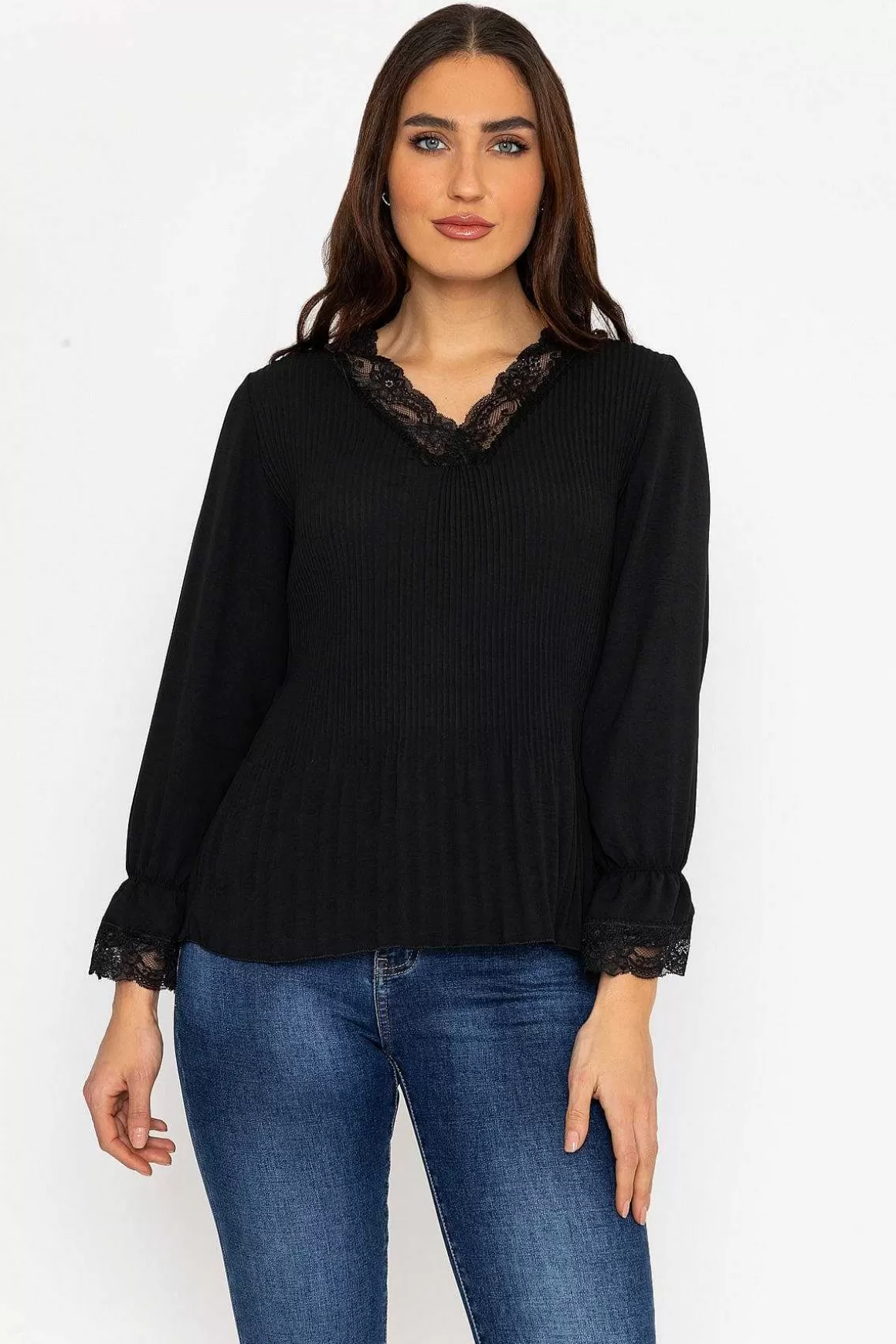 Pala D'oro Pleated Lace Trim Top In Black Store