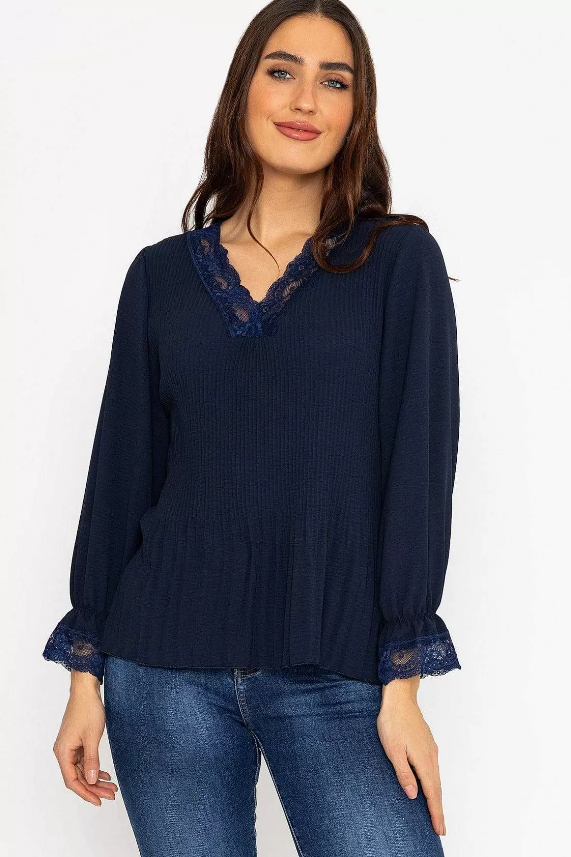 Pala D'oro Pleated Lace Trim Top In Navy Hot