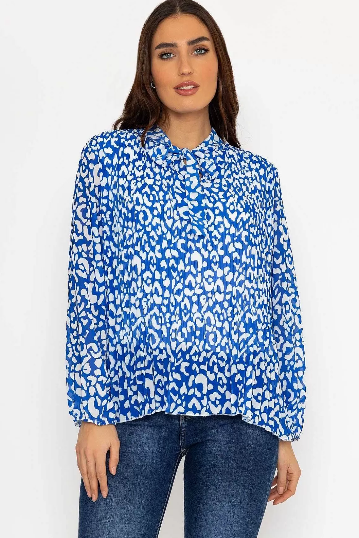 Pala D'oro Pleated Pussybow Blouse In Blue Animal Print Shop