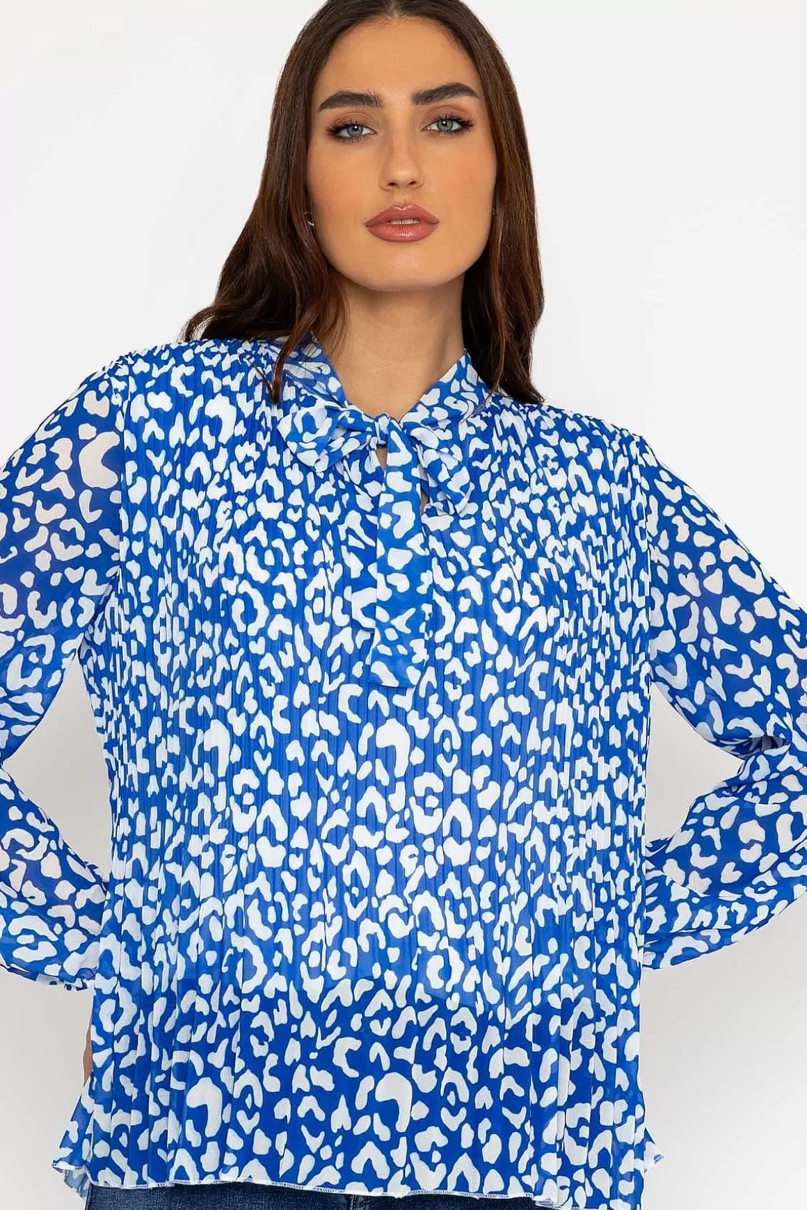 Pala D'oro Pleated Pussybow Blouse In Blue Animal Print Shop