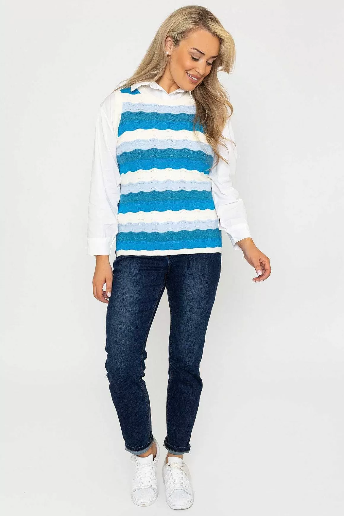 Kelly & Grace Weekend Pointelle Vest In Blue Fashion