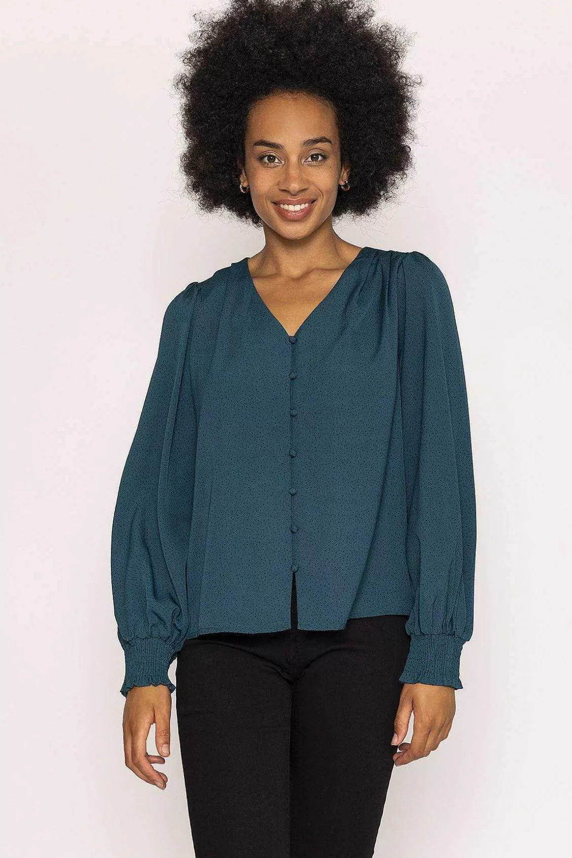 Rowen Avenue Polka Dot Print V Neck Top In Teal Flash Sale