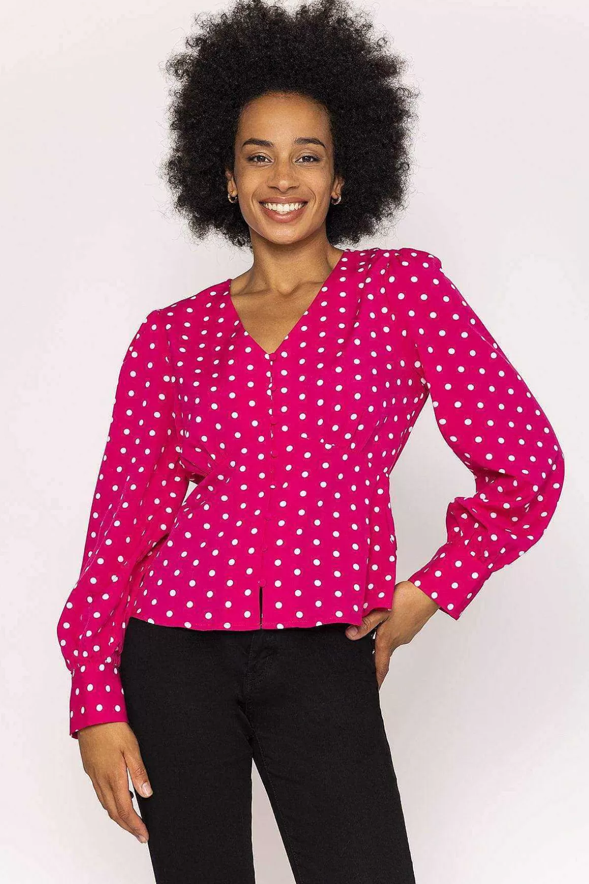 Rowen Avenue Polka Dot V-Neck Blouse In Pink Cheap