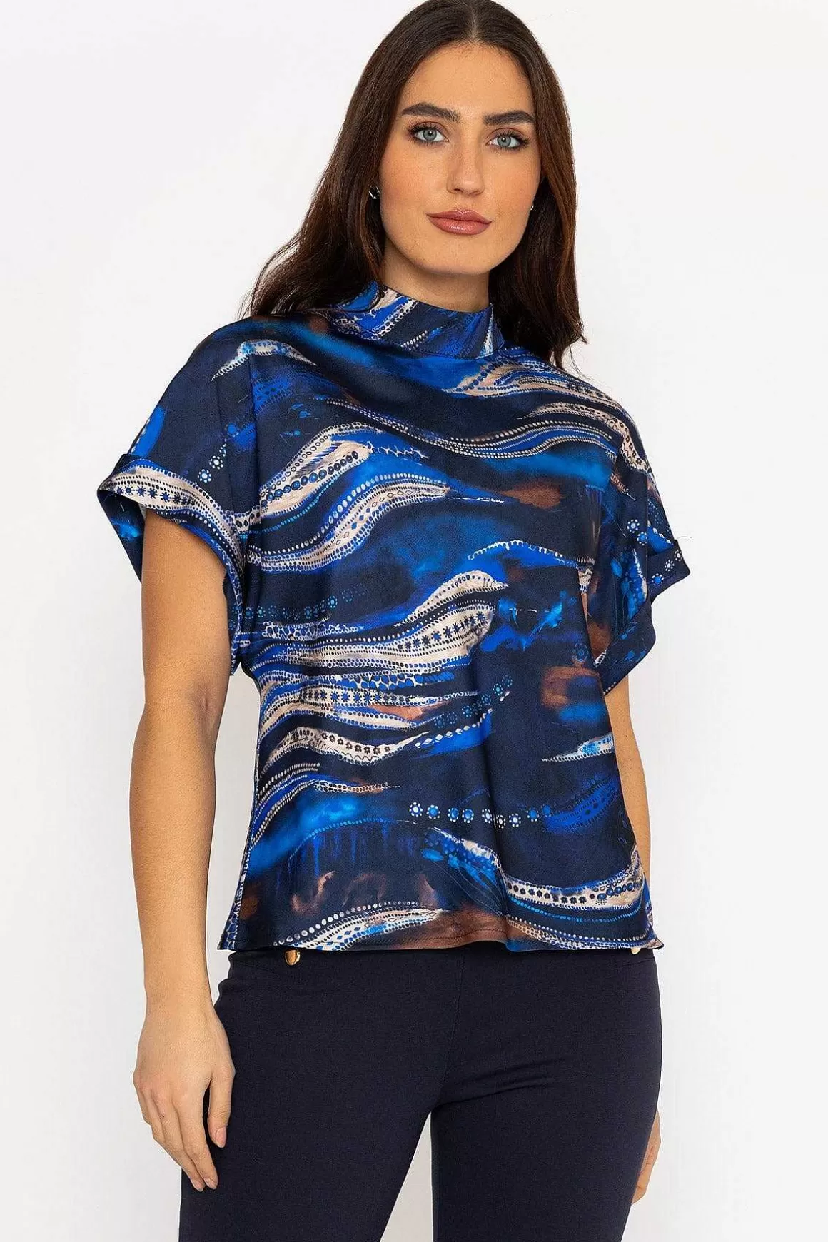 Pala D'oro Printed High Neck Sateen Top In Blue Flash Sale