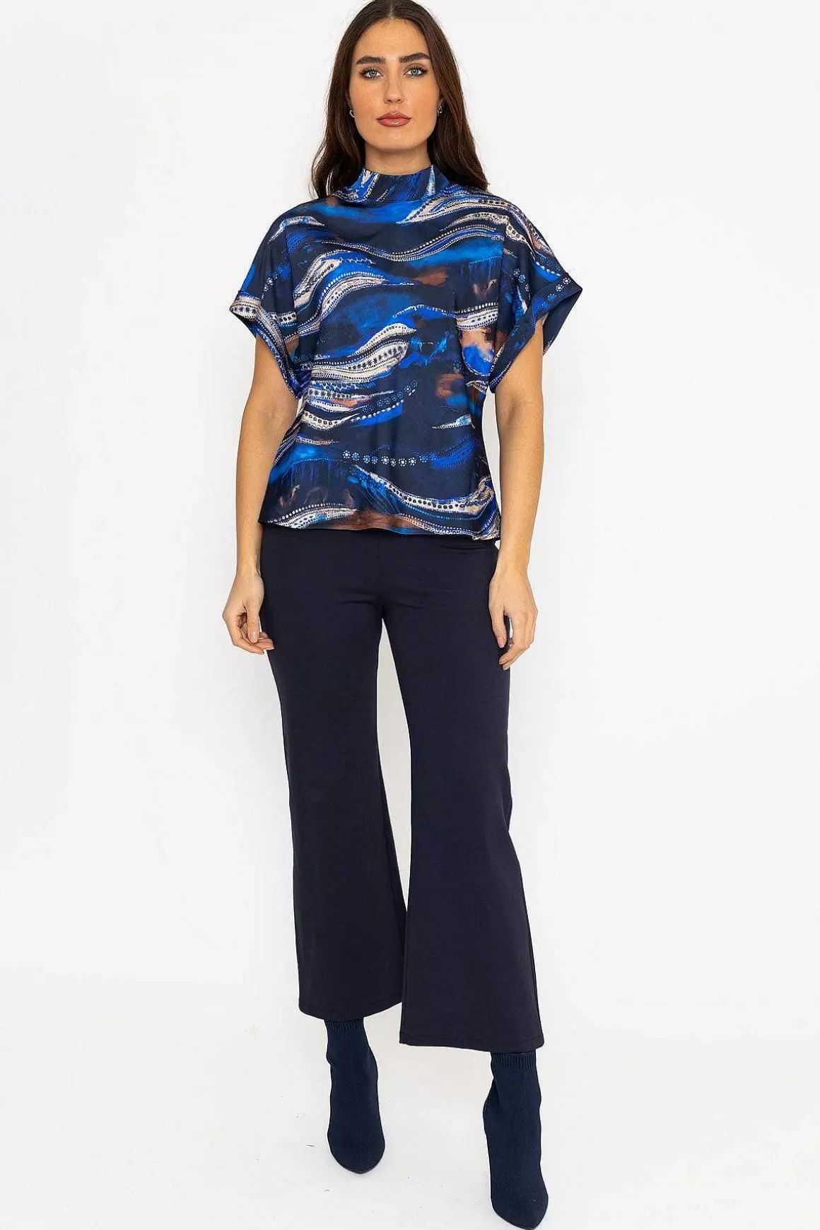 Pala D'oro Printed High Neck Sateen Top In Blue Flash Sale