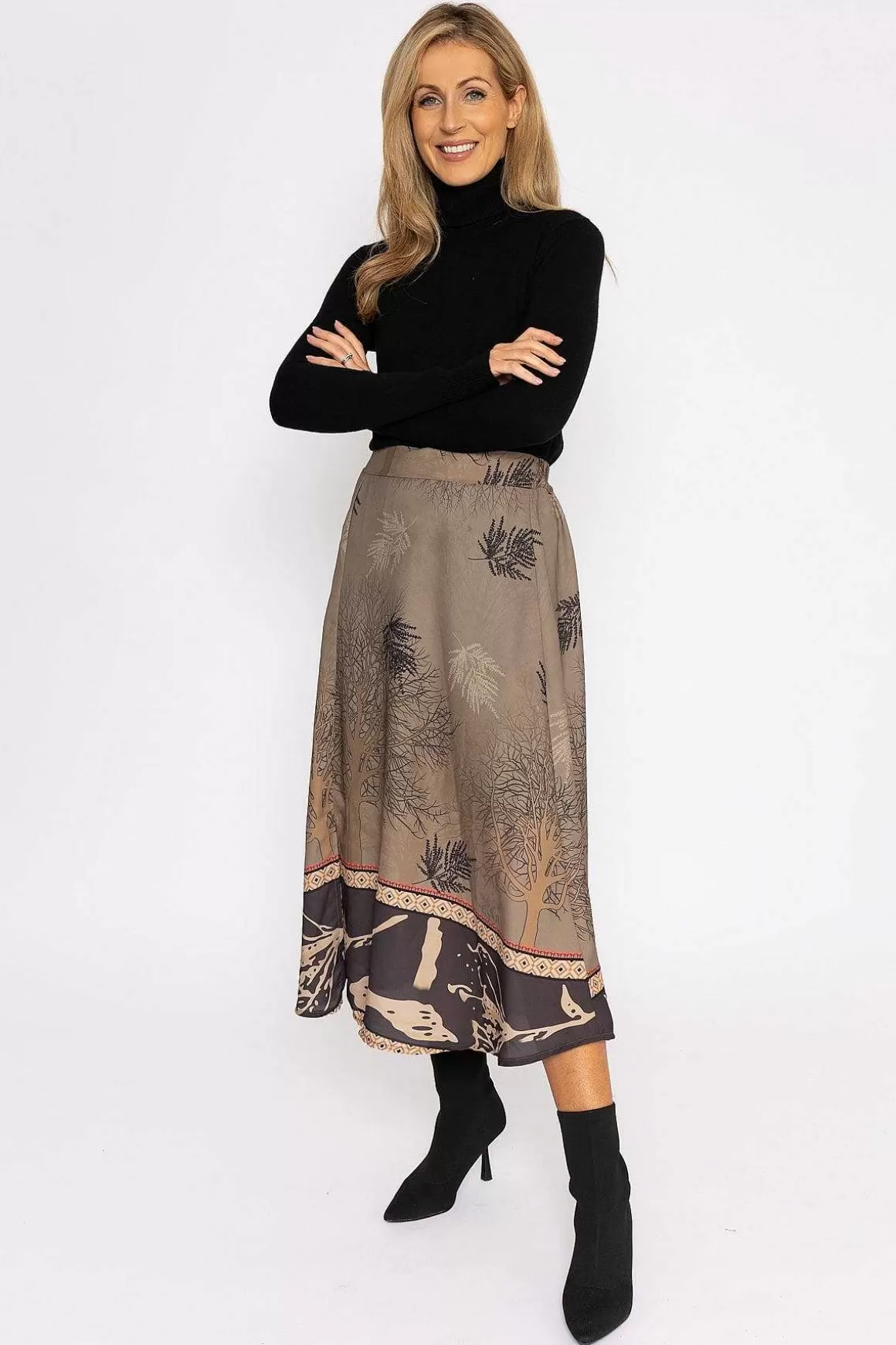 Pala D'oro Printed Midi Skirt In Khaki Best Sale