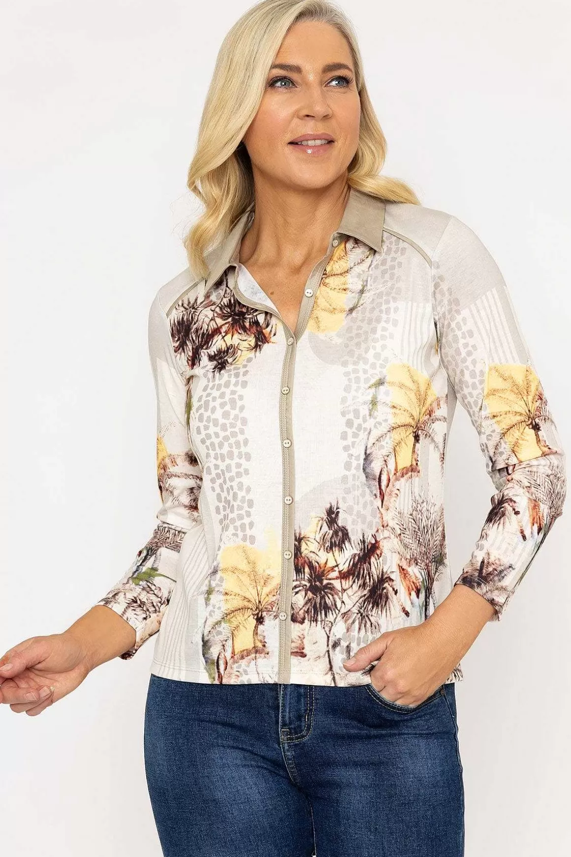 Kalisson Printed Shirt Blouse In Beige Cheap