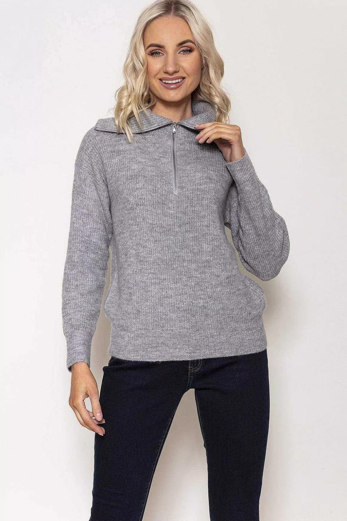 Kelly & Grace Weekend Rib Knit With Zip In Grey New