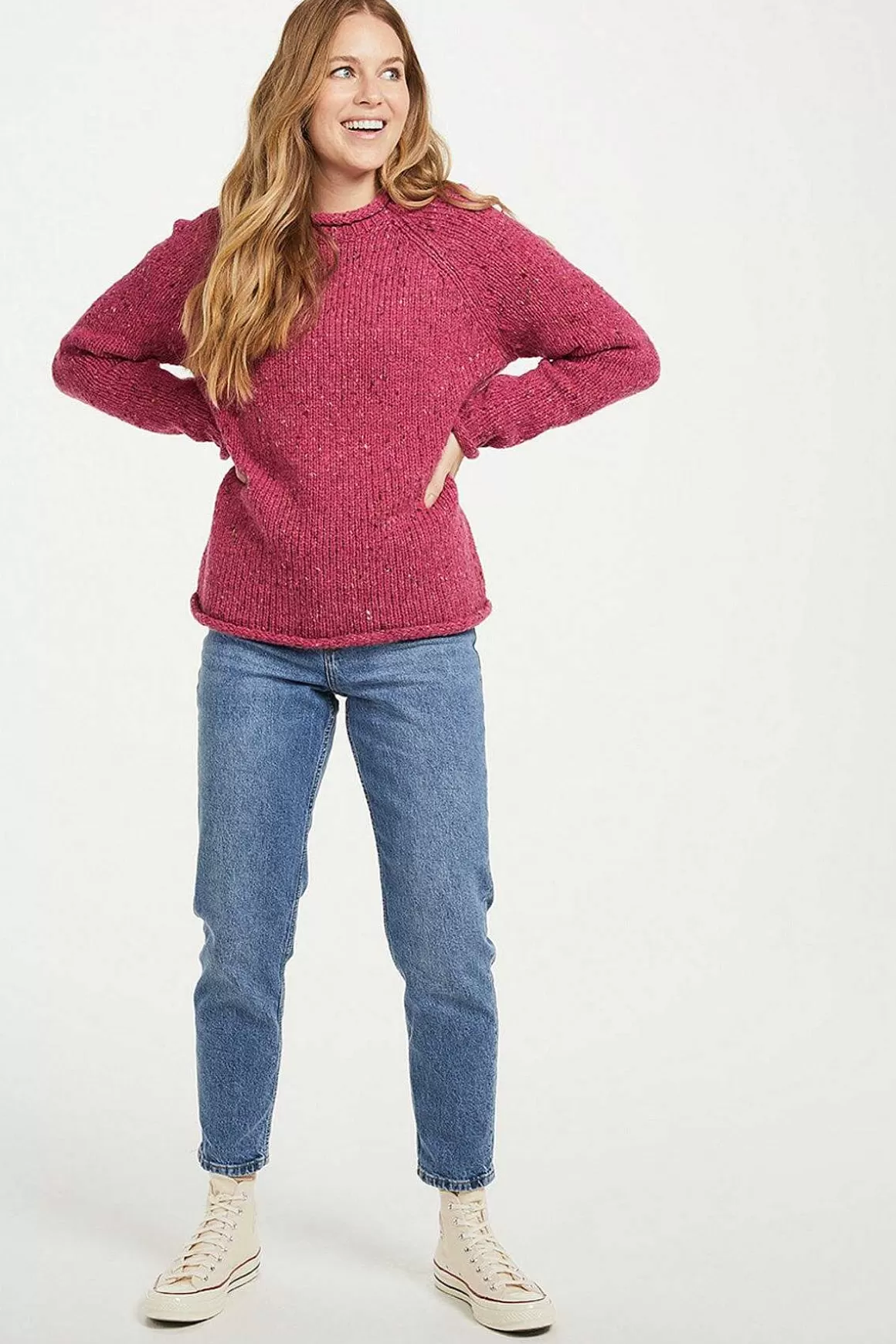 Aran Woollen Mills Roll Neck Reglan Crew Jumper In Pink Cheap