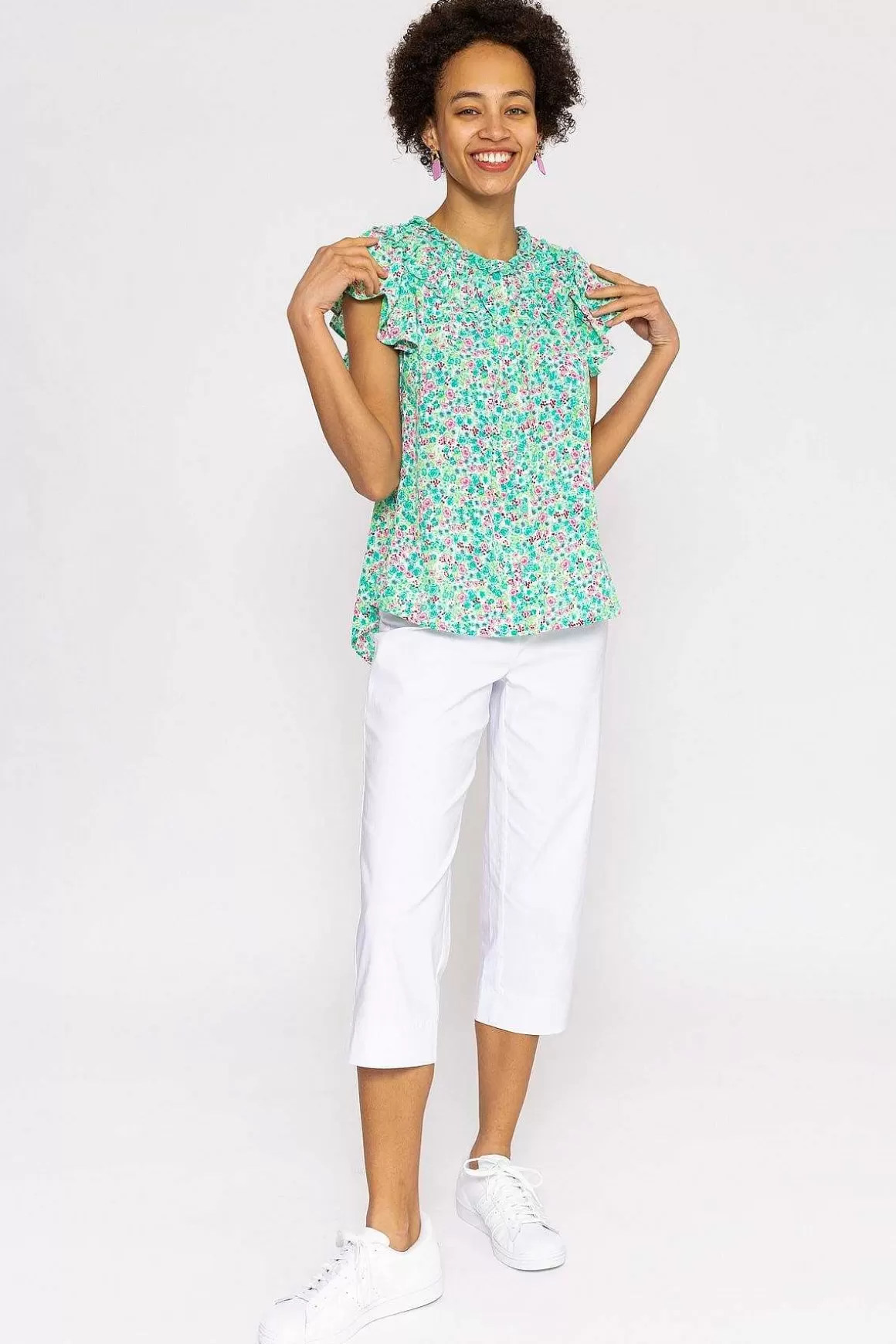 Rowen Avenue Ruffle Blouse In Aqua Floral Print Outlet