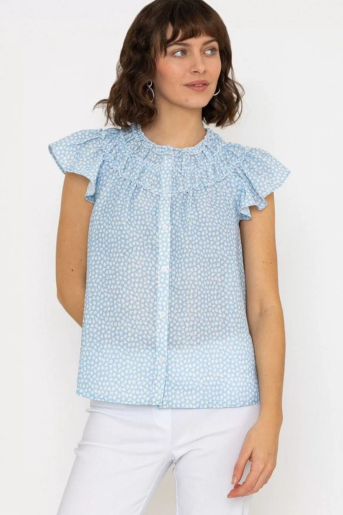 Rowen Avenue Ruffle Blouse In Blue Print Fashion