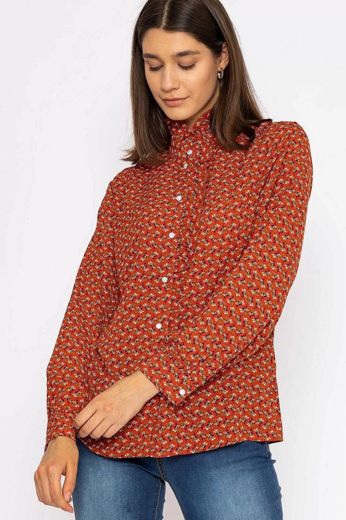 Rowen Avenue Ruffle Blouse In Rust Print Fashion