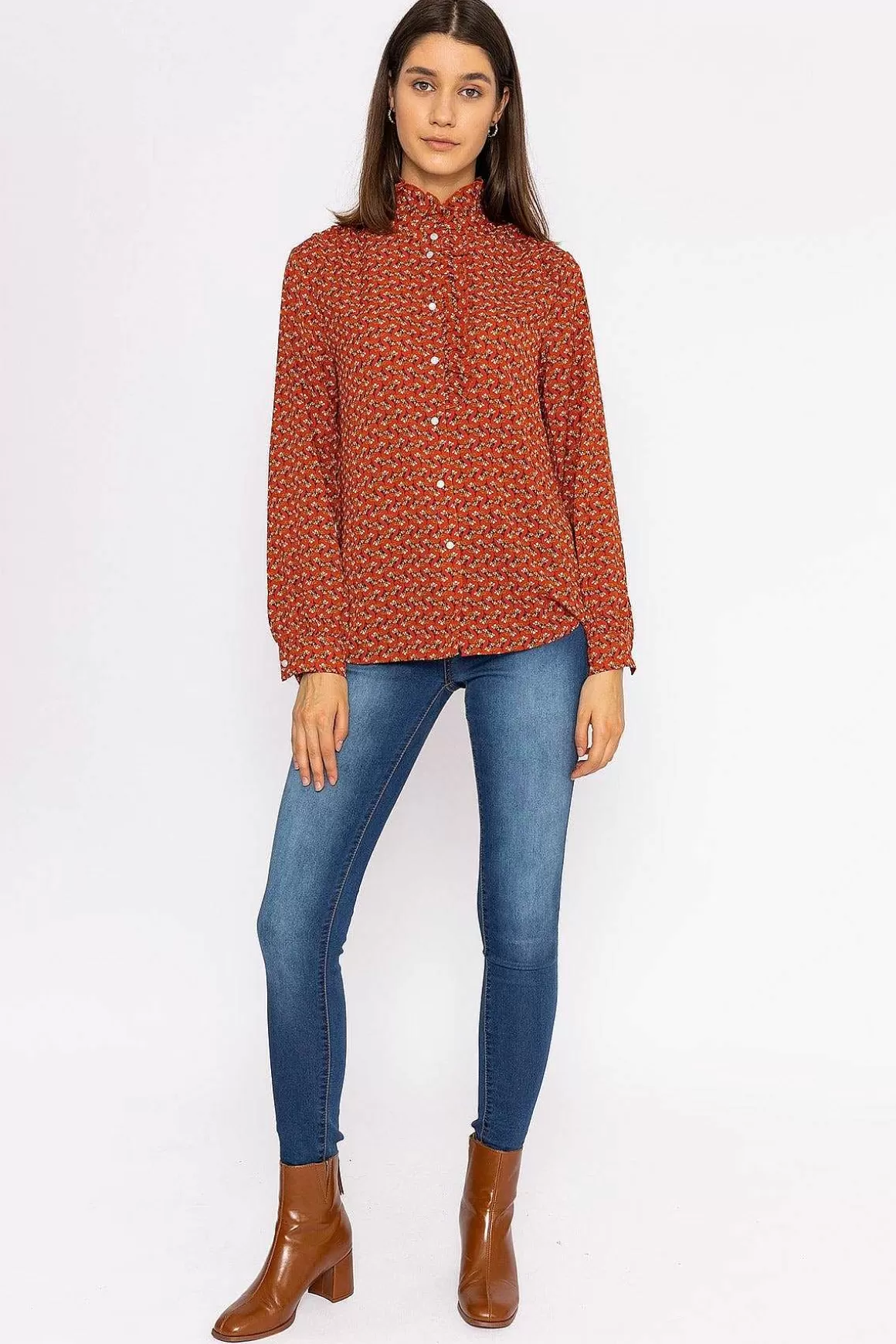 Rowen Avenue Ruffle Blouse In Rust Print Fashion