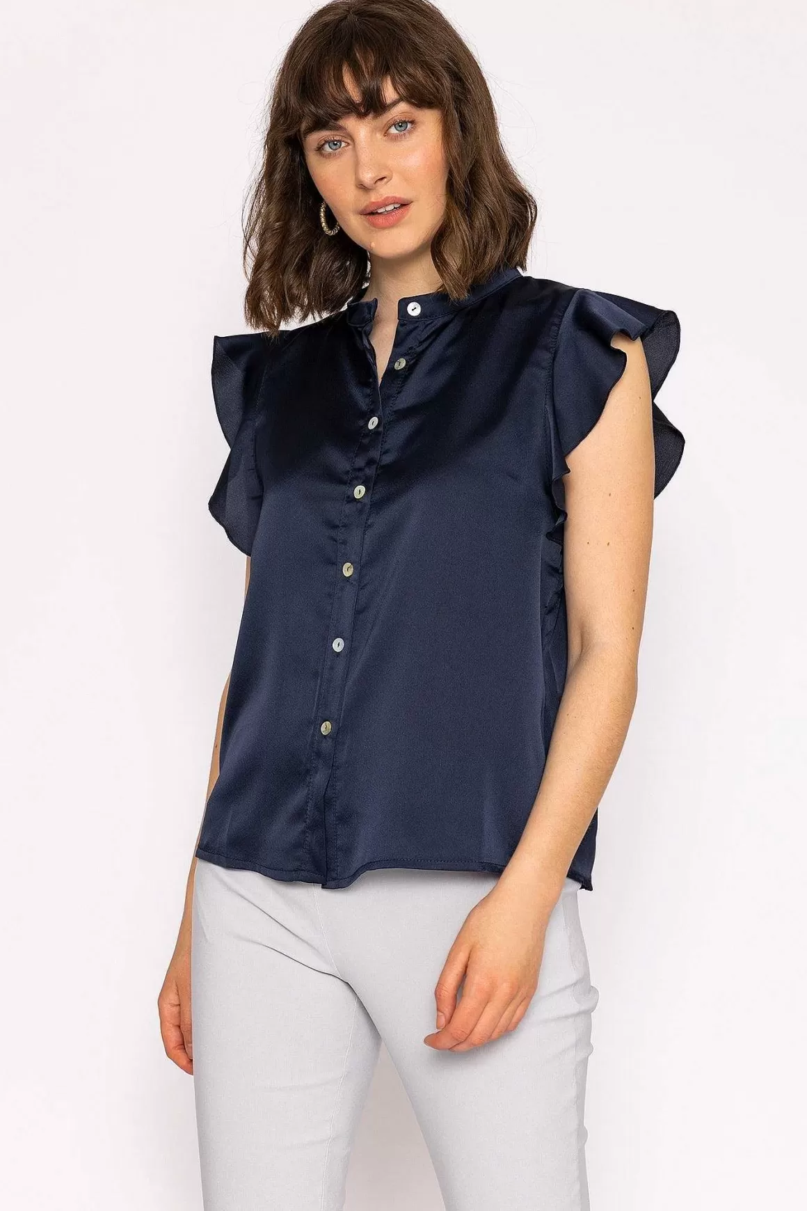 Rowen Avenue Ruffle Satin Shirt In Navy Fashion