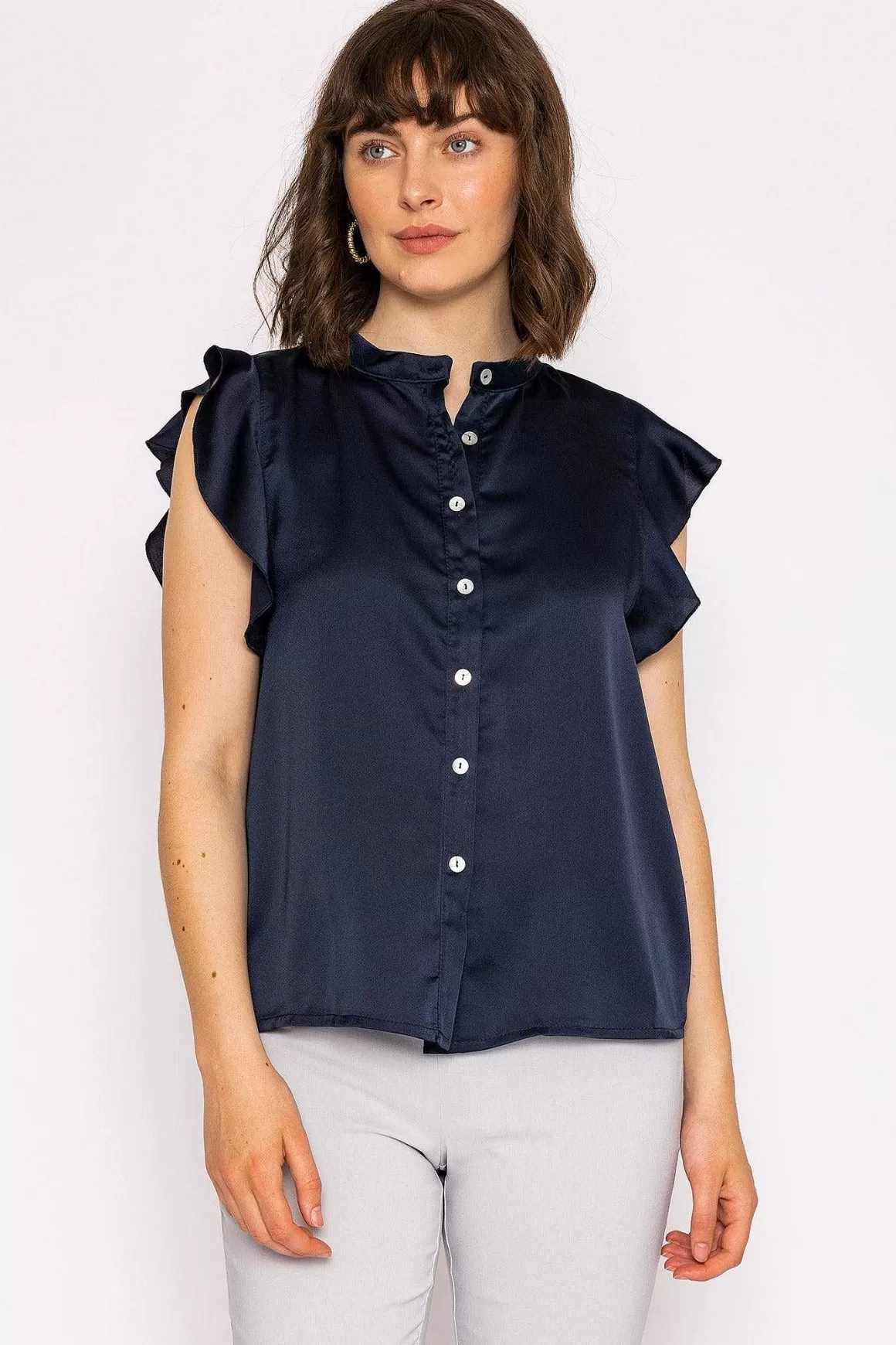 Rowen Avenue Ruffle Satin Shirt In Navy Fashion