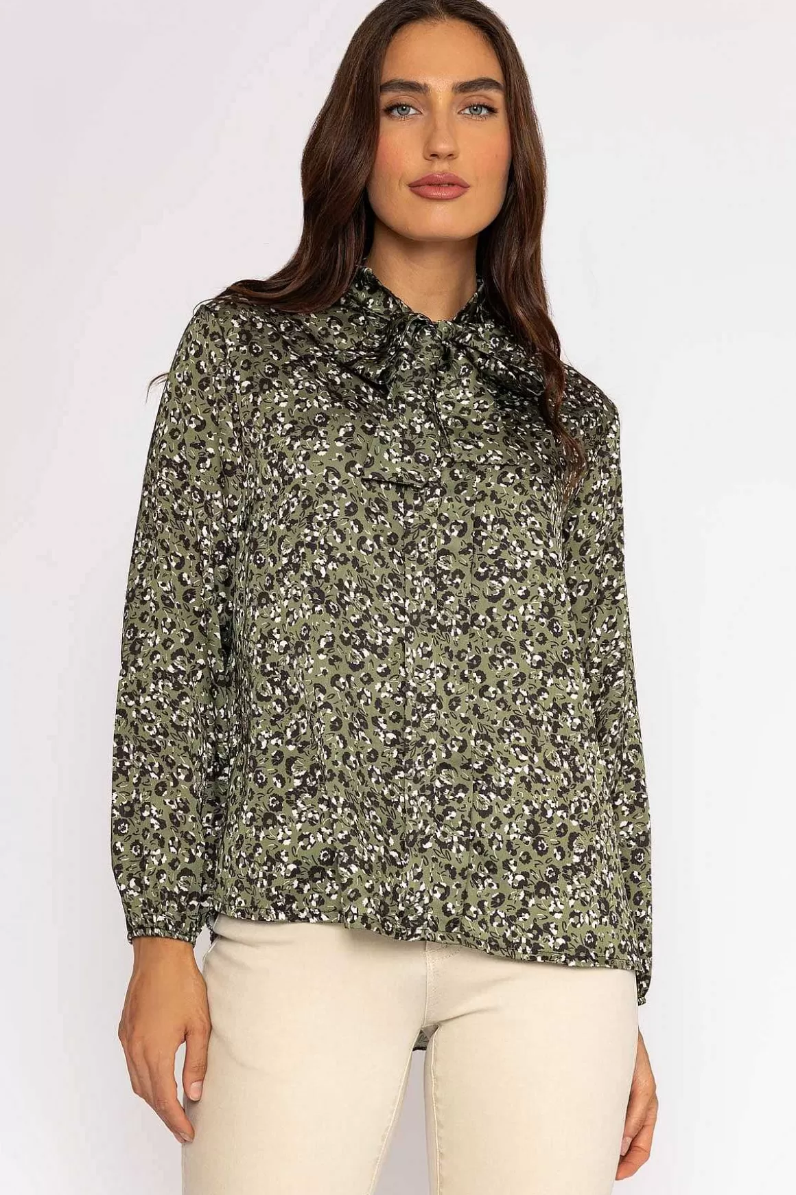 Pala D'oro Sateen Pussybow Blouse In Khaki Flash Sale