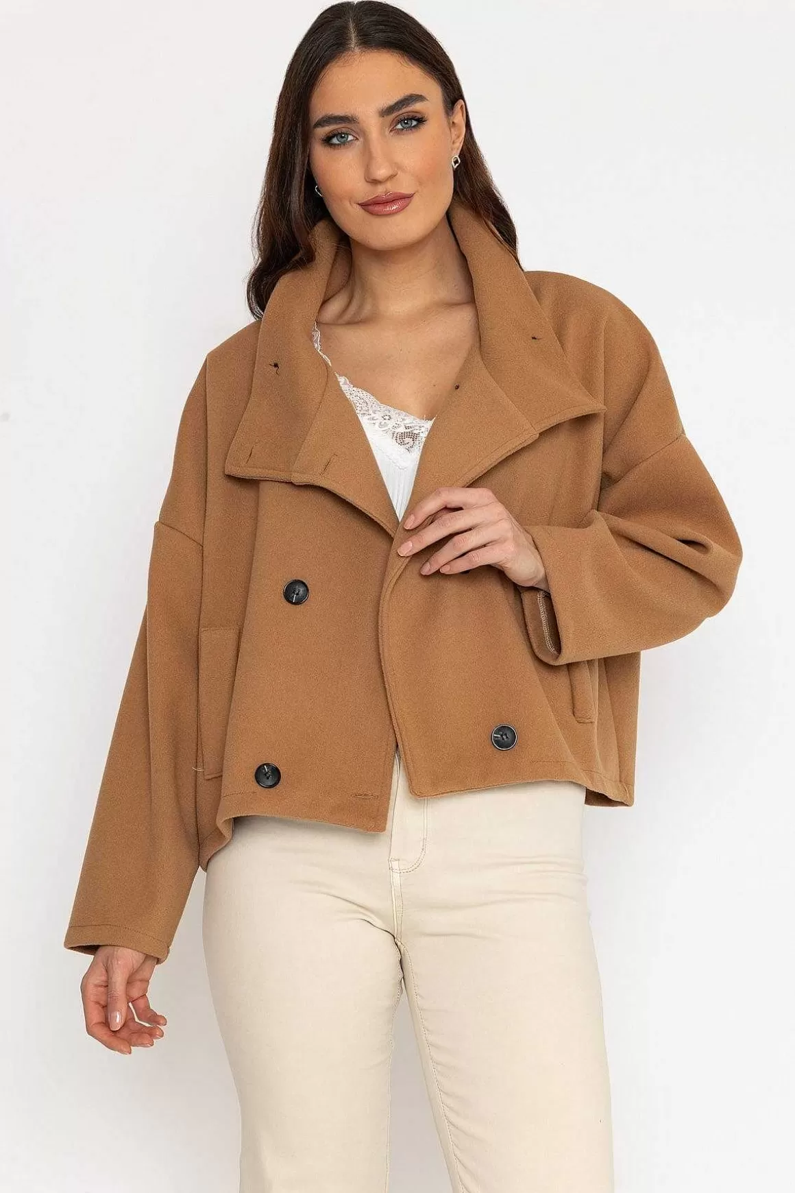 Pala D'oro Short Funnel Neck Jacket In Camel Store