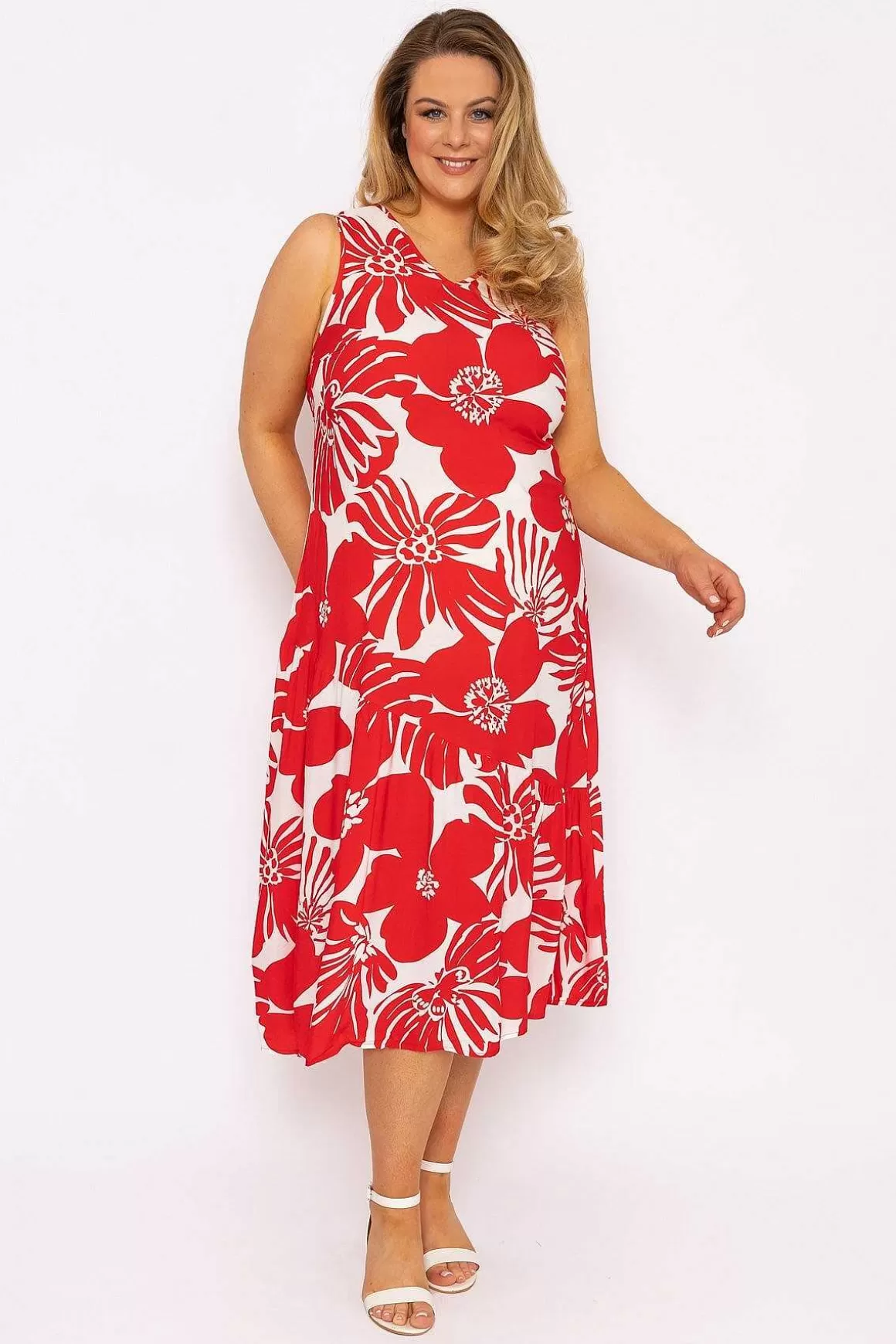 Ulla Popken Sleeveless Midi Dress In Red Print Cheap