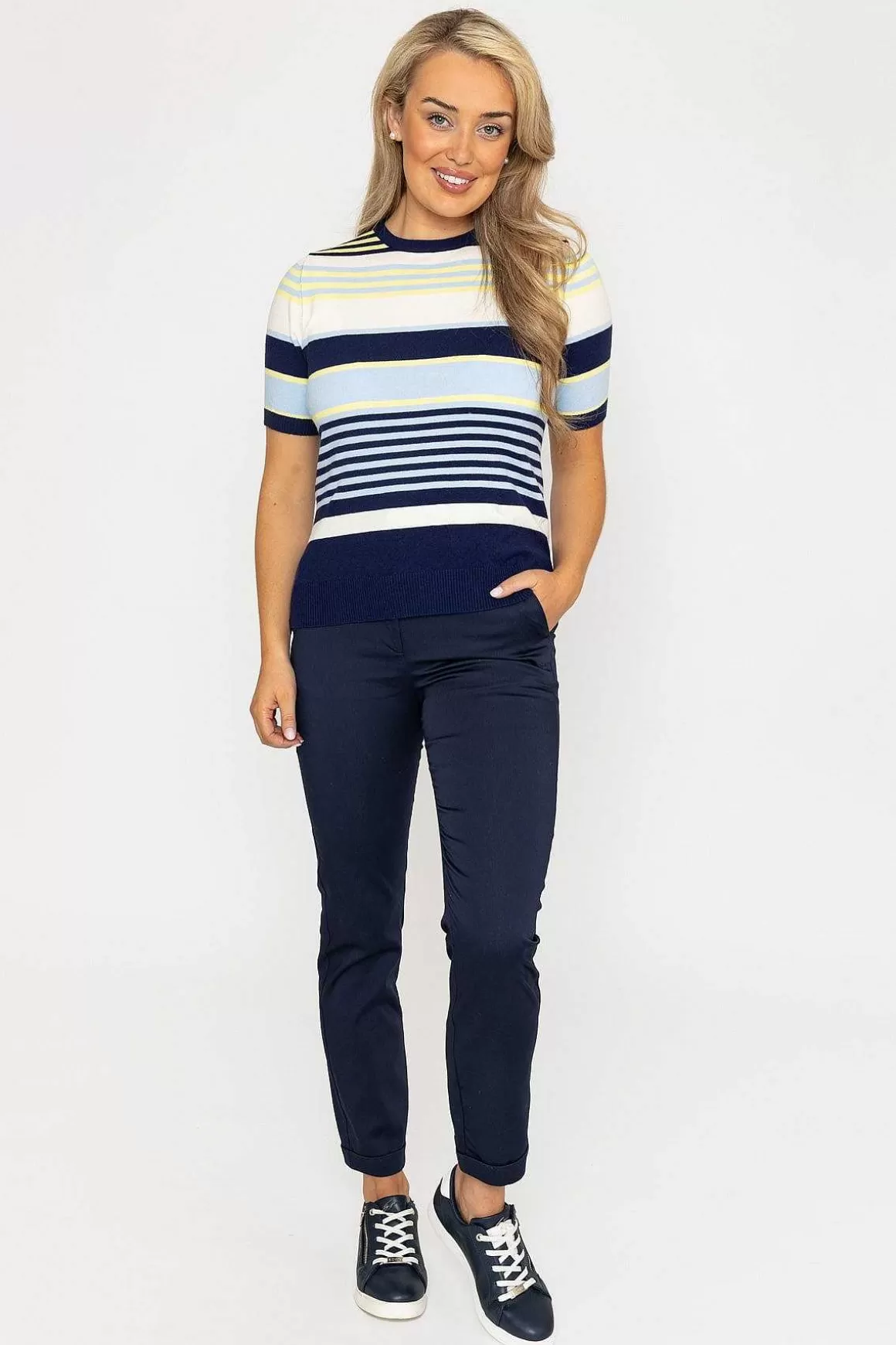 Kelly & Grace Weekend Stripe Short Sleeve Knit In Navy Shop